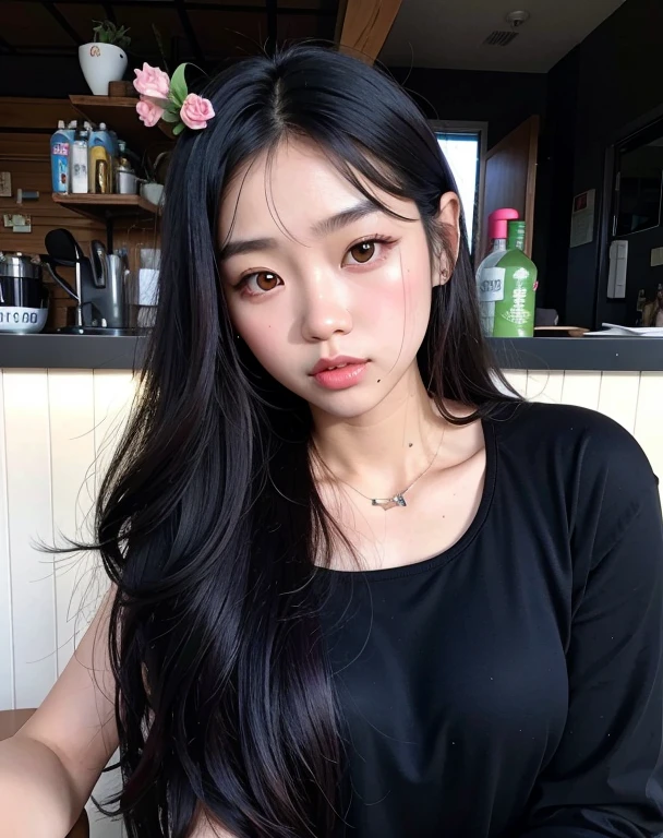 there is a woman sitting at a table with a plate of food, menina coreana, Mulher sul-coreana bonita, Ulzzang, linda mulher coreana jovem, Asian girl with long hair, mulher coreana jovem bonita, Mulher coreana, young adorable korean face, Ela tem cabelo preto com franja, a young asian woman, cruel korean goth girl, com cabelos longos, Beautiful Asian girl