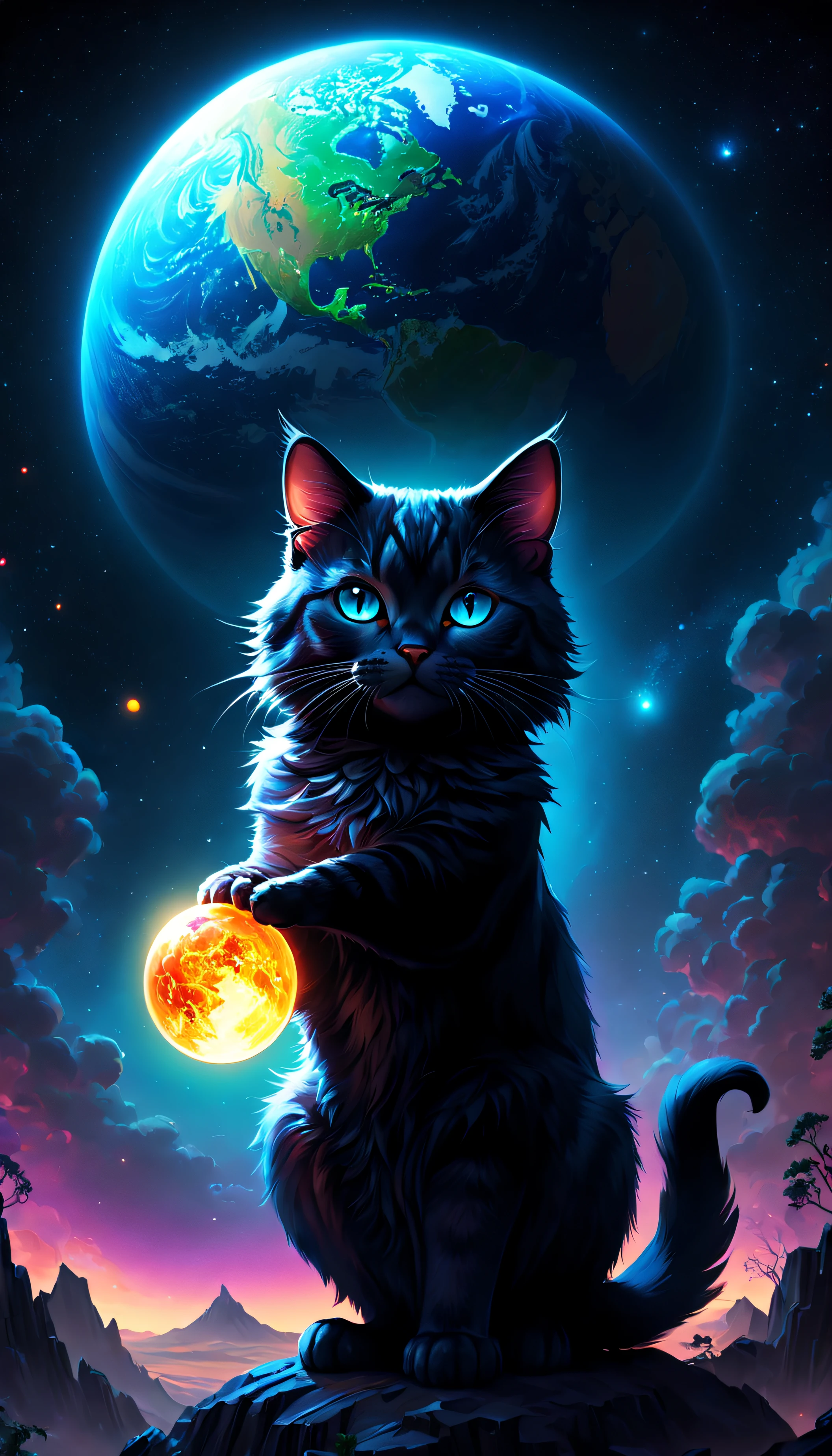 (Phil Carter) holding a (blue) Earth in its paws, (Cat Planet), (space cat), (black cats), (cat from the void), (cat in space), Devour a planet, (A world ruled by animals), cat path#39;of the world, with earth, (The god of cats), grab the earth, hold a planet, (cathartic), with earth in the background.
(Best quality, 4K, 8K, A high resolution, tmasterpiece:1.2), ultra - detailed, (actual, strength, photo imprint:1.37), HighDynamicRange, (vibrant with colorocus sharp), (physically-based renderingt), (Ultra-fine painting), (professional), (bokeh), (Studio lighting).
(illuminations), (oil painted), (3 Rendering), (photography), (Concept artist), (sporty attire), (The landscape), (sci-fy), (terror), (this comic).
(Colorful, A vibrant one), (Dark, moodiness), (Ethereal), (The warm, glowing), (Soft, pastels), (like a dream).
(iintricate, theatrical) lamplight, Dramatic shadows.