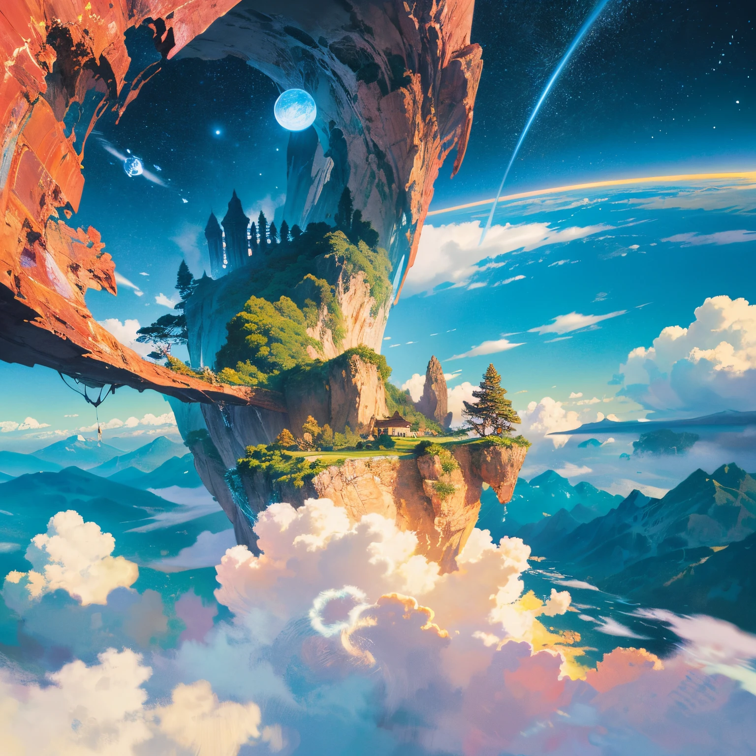 Imagine an extraordinary and enigmatic landscape that transports the viewer to a realm of unparalleled mystery and wonder. This awe-inspiring scene unfolds with a breathtaking view from above the clouds, offering a vantage point that defies the ordinary and invites the beholder to embark on an extraordinary visual journey. The vast expanse of the sky above is a brilliant canvas, adorned with the breathtaking sight of a very giant planet suspended in the heavens. This majestic and colorful planet exudes an otherworldly splendor, casting a mesmerizing glow across the sky and punctuating the scene with its celestial grandeur.
As the eye gazes downward from above the clouds, a sense of awe and wonder envelops the viewer, drawing them into a world where the ordinary gives way to the extraordinary. The sky, adorned with hues of blue and adorned with wisps of clouds, serves as a stunning backdrop to the colossal planet that captures the imagination and ignites the sense of adventure within the observer. The planet's presence is not just majestic, but also captivating, evoking a sense of awe and curiosity about its origins and the story it holds within its colossal form.
The art prompt is a testament to the highest quality of artistic craftsmanship, inviting the artist to unleash their creativity and skill to portray this wondrous and mysterious landscape. The task at hand is to capture the majesty and allure of the falling giant planet, to convey its vibrant and colorful presence with meticulous attention to detail and artistry. The goal is to create a scene that not only captivates the eye but also sparks the imagination, inviting the viewer to lose themselves in a world where the extraordinary becomes the norm, ((the planet is very huge and covers most of the sky, human pov))