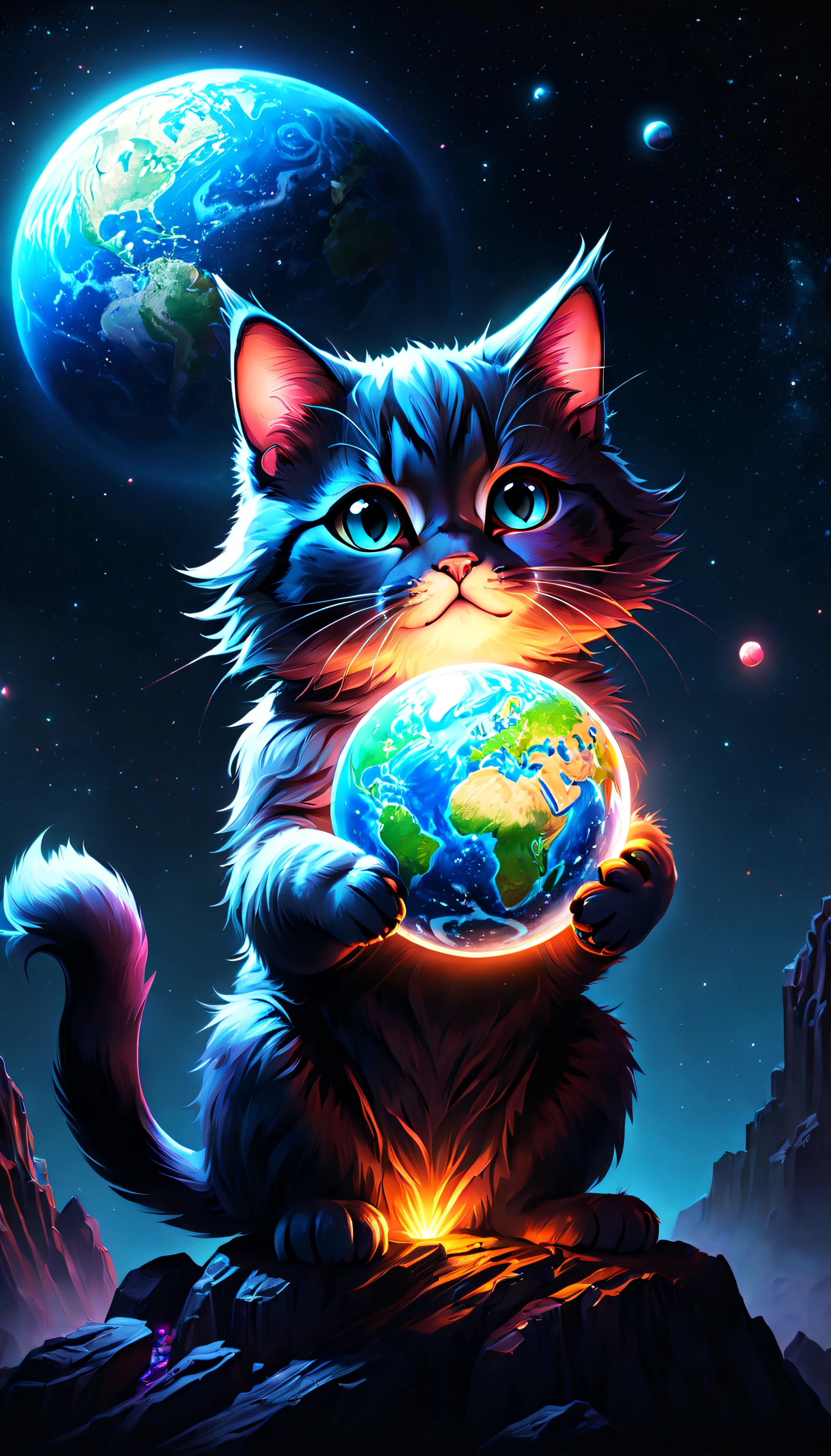 (Phil Carter) holding a (blue) Earth in its paws, (Cat Planet), (space cat), (black cats), (cat from the void), (cat in space), Devour a planet, (A world ruled by animals), cat path#39;of the world, with earth, (The god of cats), grab the earth, hold a planet, (cathartic), with earth in the background. 

(Best quality, 4K, 8K, A high resolution, tmasterpiece:1.2), ultra - detailed, (actual, strength, photo imprint:1.37), HighDynamicRange, (vibrant with colorocus sharp), (physically-based renderingt), (Ultra-fine painting), (professional), (bokeh), (Studio lighting).

(illuminations), (oil painted), (3 Rendering), (photography), (Concept artist), (sporty attire), (The landscape), (sci-fy), (terror), (this comic). 

(Colorful, A vibrant one), (Dark, moodiness), (Ethereal), (The warm, glowing), (Soft, pastels), (like a dream).

(iintricate, theatrical) lamplight, Dramatic shadows.