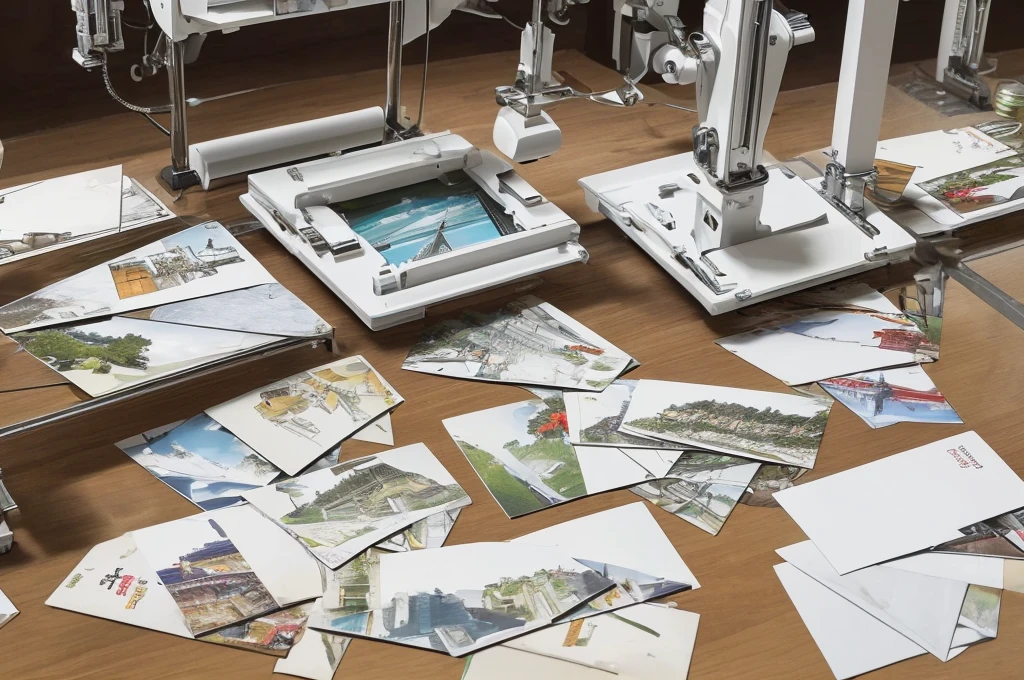 (((Multiple postcards on the work table))),(Best quality at best,A high resolution,An all-white color palette incredibly complex,Picture on postcard Bionic Machinery Group)