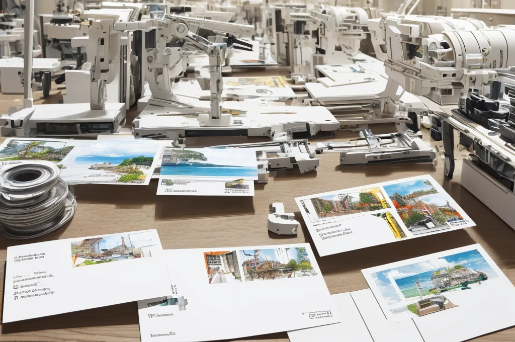 (((Multiple postcards on the work table))),(Best quality at best,A high resolution，An all-white color palette  incredibly complex，Picture on postcard Bionic Machinery Group)