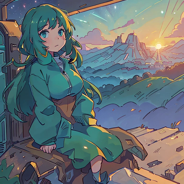 A big city with green mountain, sunset time, good weather, galaxy in the sky, masterpiece