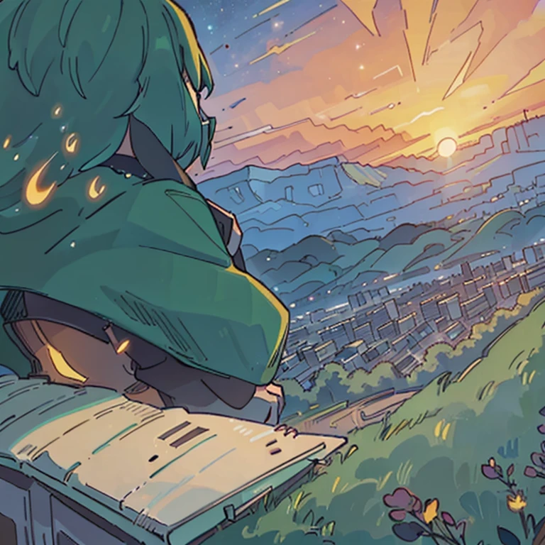A big city with green mountain, sunset time, good weather, galaxy in the sky, masterpiece
