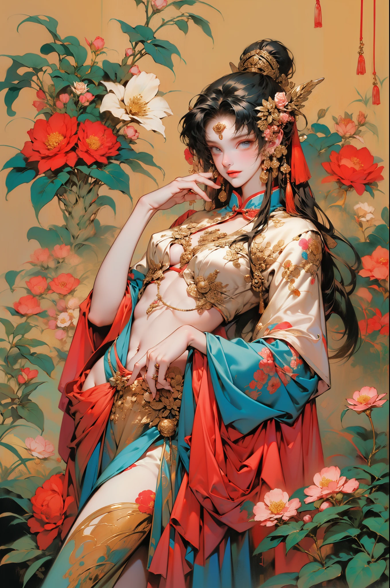 (tmasterpiece,quality,Best quality,offcial art,Beauty and aesthetics:1.2),(1 Sister:1.3),The content very detailed,(s fractal art:1.1),(One color:1.1)(Blooming flowers:1.3),Most detailed,( tangled:1.2), (dynamicposes), (abstract backgrounds:1.3), (Chinese fabric:1.2), (Skin glows), (Lots of colors:1.4), ,(耳Nipple Ring:1.4),(Decorative painting:1.6,), lamplight,Ink painting and watercolor,ink,water ink,