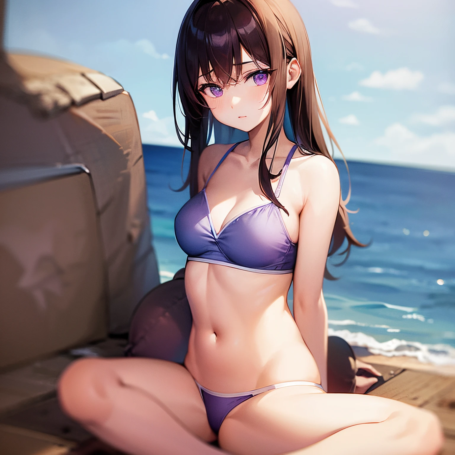girl with brown hair, purple eyes, in light blue and white underwear, sitting on the beach, gifted.