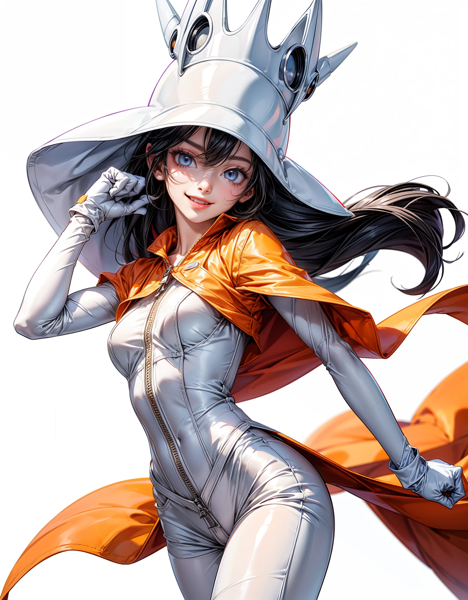 "HD with precise details, cartoon style. | On a white background, a character with a captivating smile stands out. Wearing a white helmet, orange jumpsuit with a letter A on his chest and purple gloves, the character standing with an arm raised. | The composition focuses on the cheerful character, highlighting details such as the contagious smile and the lively posture. The white helmet adds a touch of uniqueness, while the orange jumpsuit with the letter A provides a unique identity. | Attention directed to the cartoon character, with emphasis on facial expression, vibrant colors and dynamic position. The white background creates a contrast, the character the main focus of the image. | Drawing of a cartoon character with a white helmet, orange jumpsuit, letter A on the chest and purple gloves, smiling and with a raised arm, in HD details | (perfect_pose), He adopting a ((dynamic_pose as stands, confidently with one arm raised):1.erfect_hands, perfect_fingers, perfect_legs, better_handull_body)), More_Detail".