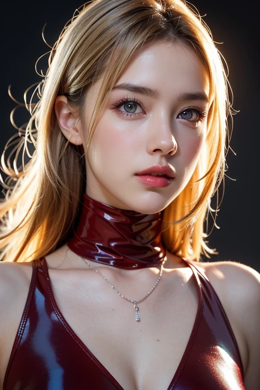 (best quality,4k,8k,highres,masterpiece:1.2),ultra-detailed,(realistic,photorealistic,photo-realistic:1.37),HDR,UHD,woman,full body,long blonde hair,beautiful detailed eyes,beautiful detailed lips,extremely detailed eyes and face,long eyelashes,looking to observer,red lipstick,shiny full red sheer latex bodystocking,captivating gaze,diamond necklace,confident posture,softly illuminated by studio lighting,vivid colors,portrait,sharp focus,conceptual art,horizontal composition,colorful background lighting,gleaming reflection in the eyes,high contrast,bokeh