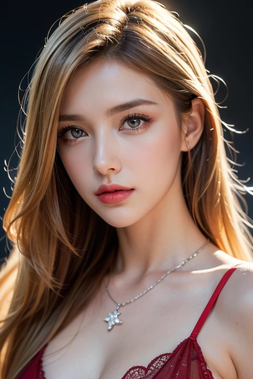 (best quality,4k,8k,highres,masterpiece:1.2),ultra-detailed,(realistic,photorealistic,photo-realistic:1.37),HDR,UHD,woman,full body,long blonde hair,beautiful detailed eyes,beautiful detailed lips,extremely detailed eyes and face,long eyelashes,looking to observer,red lipstick,shiny full red sheer latex bodystocking,captivating gaze,diamond necklace,confident posture,softly illuminated by studio lighting,vivid colors,portrait,sharp focus,conceptual art,horizontal composition,colorful background lighting,gleaming reflection in the eyes,high contrast,bokeh