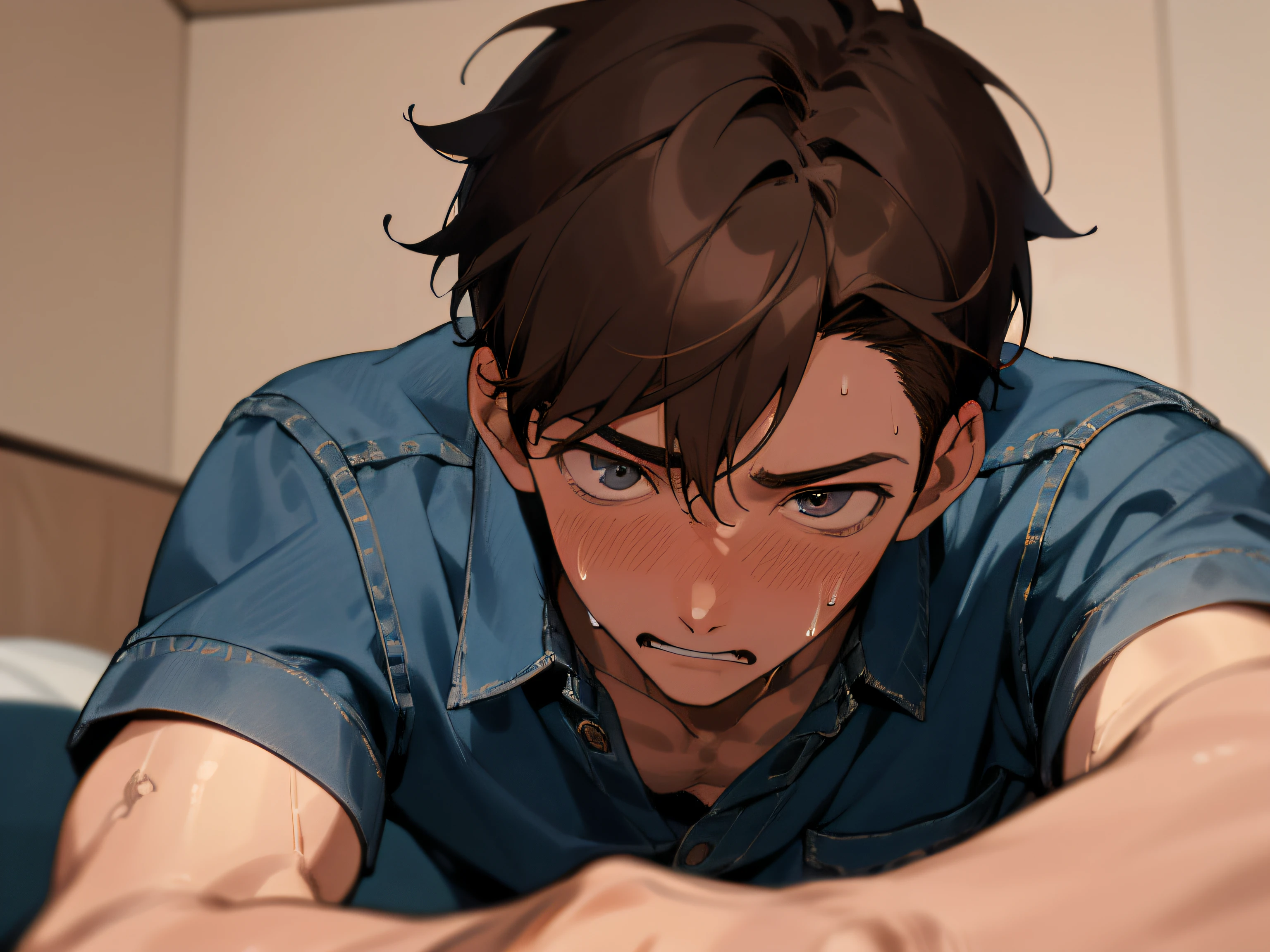 male people, 26 years old,1 boy、Brown hair,Denim shirt,eyes are brown,extreme close - up,Sweating、Angle from below,perspiring,Impatient expression,Background Hotel,a bed,natta