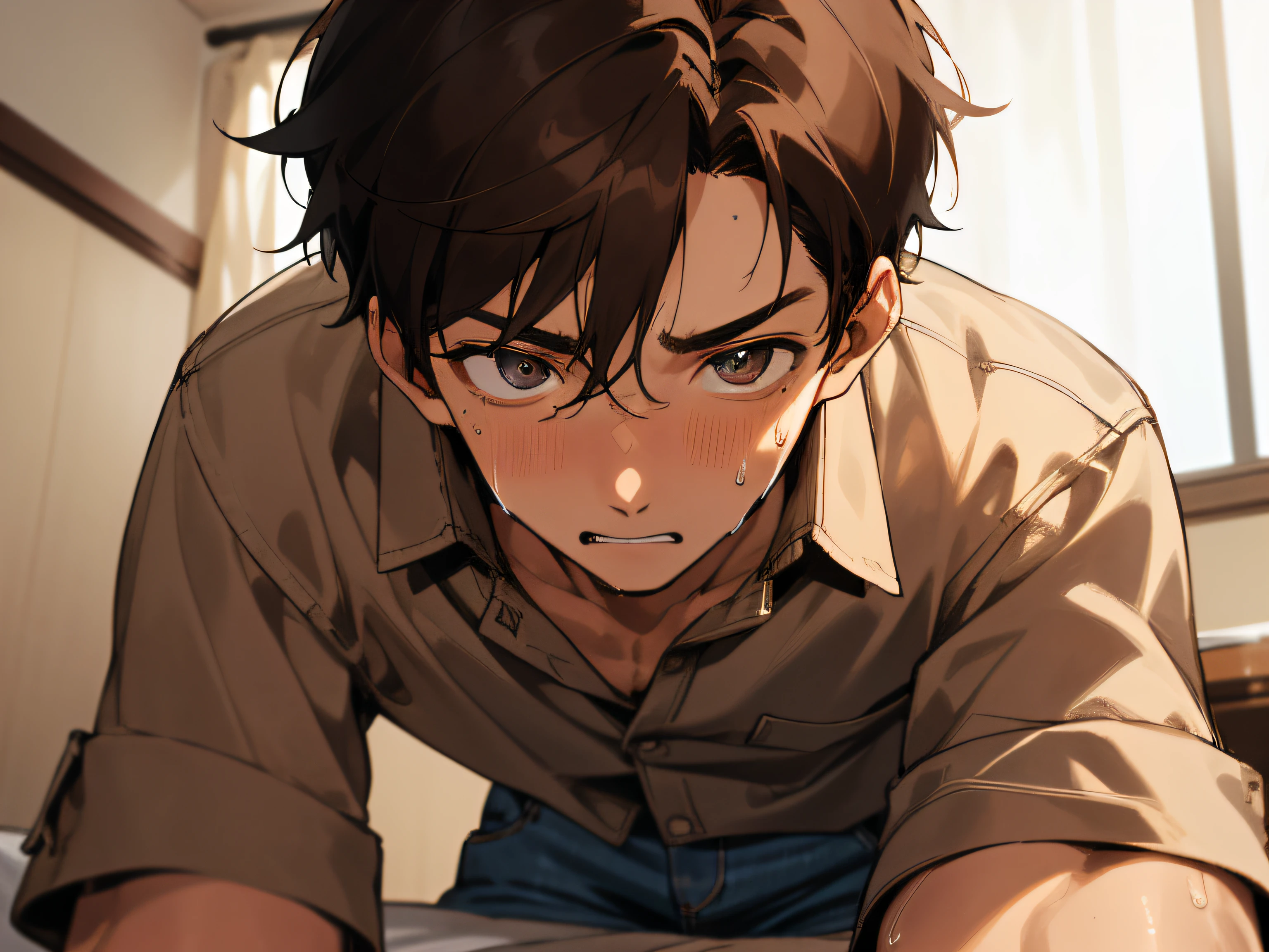 male people, 26 years old,1 boy、Brown hair,Denim shirt,eyes are brown,extreme close - up,Sweating、Angle from below,perspiring,Impatient expression,Background Hotel,a bed,natta