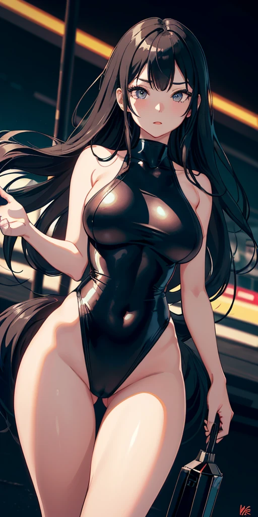 high contrast,8K high-definition,hyper-detailing,1个Giant Breast Girl,Single,Asian people,A beautiful model girl,(Wearing a boxer-edge conservative professional racing black and blue one-piece swimsuit:1.5),adorable expression,Idol makeup,long leges,She spread her hands on both sides of her body,cowboy lens,long whitr hair,black color hair,Entry from above the thigh,street corner,dramatic lights,high-angle shot