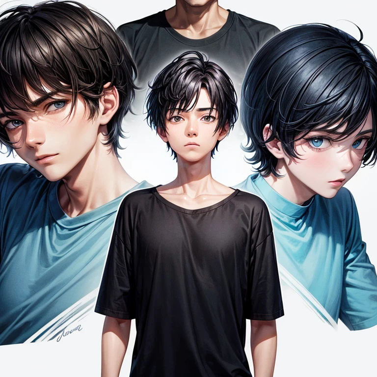1 man, young, short hair, black hair, blue t-shirt, black jeans, white background