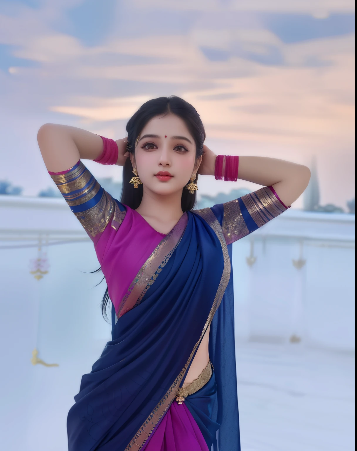 anusha in a sari sari and a pink blouse, traditional beauty, stylish pose, attractive pose, beautiful pose, dressed in a sari, blue colored traditional wear, very beautiful photo, hindu aesthetic, very seductive pose, elegant pose, indian goddess, very artistic pose, cute elegant pose, awesome pose, wearing a sari, cute pose, wearing sari, cool pose