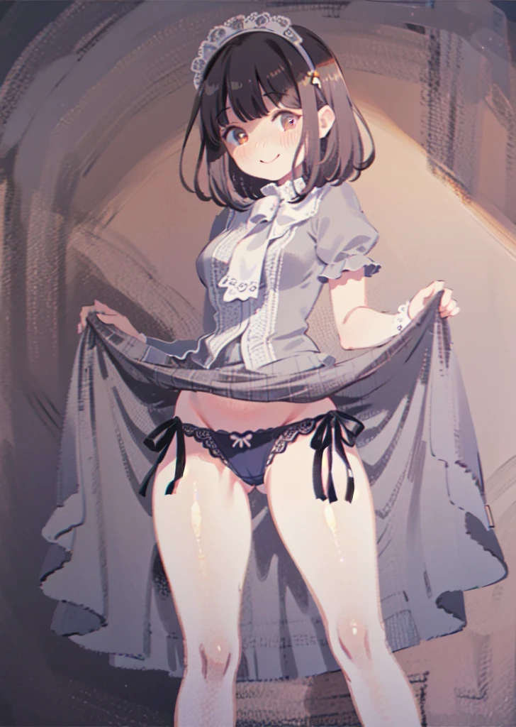 Pale crisp pink panties with white frilly lace embellishment, silk satin sheen, burgundy clothing, slightly grayish chestnut hair, almond eyes, upturned cheeks, smile, daylight,