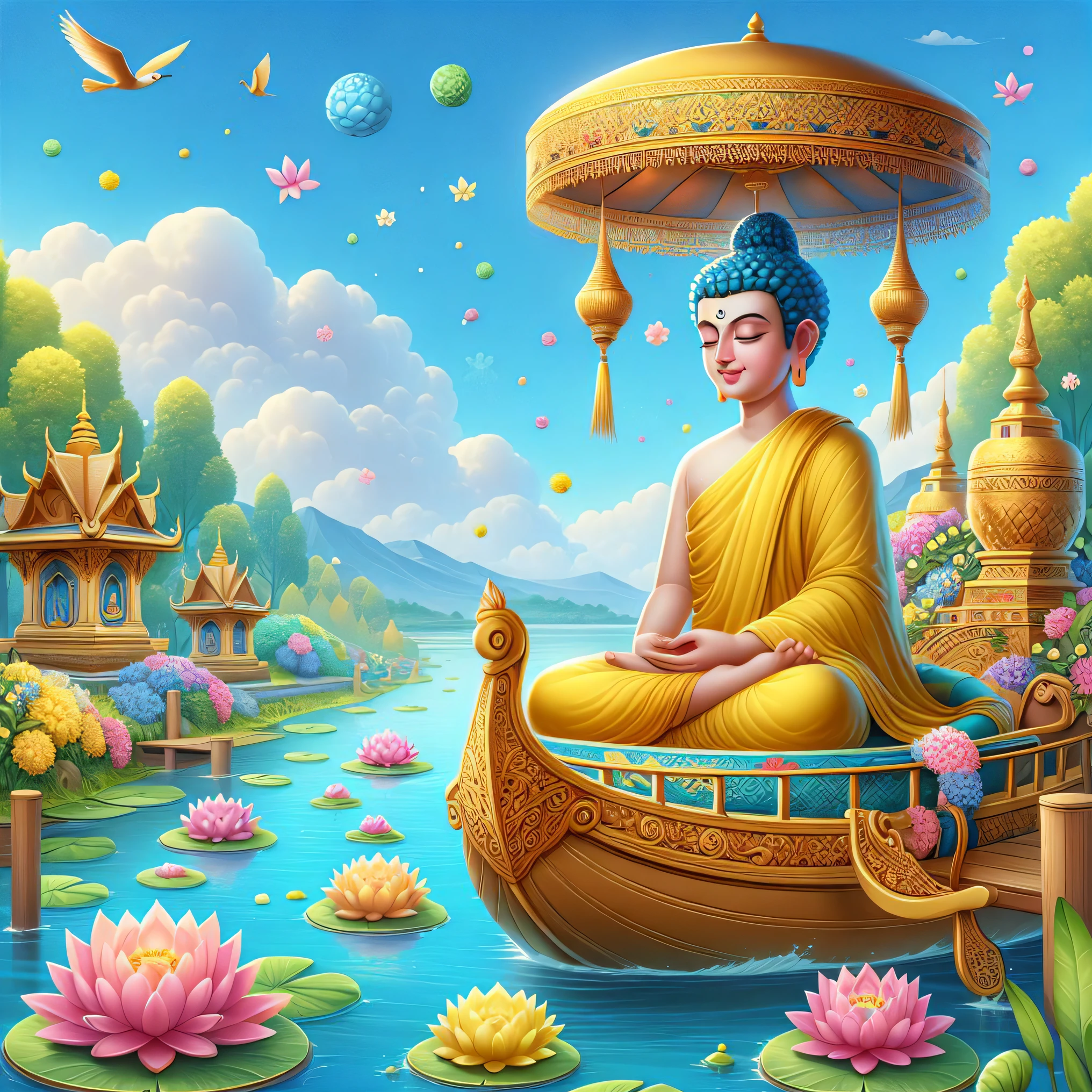 buddha sitting in a boat with lotuses floating in the water, a beautiful artwork illustration, buddhism, serene illustration, digital painting of a pagoda, full color illustration, sitting on a lotus flower, jen bartel, a beautiful buddhist mandala, floating in a powerful zen state, buddhist, the buddha, buddhist monk meditating, beautiful digital artwork, buddha, background artwork