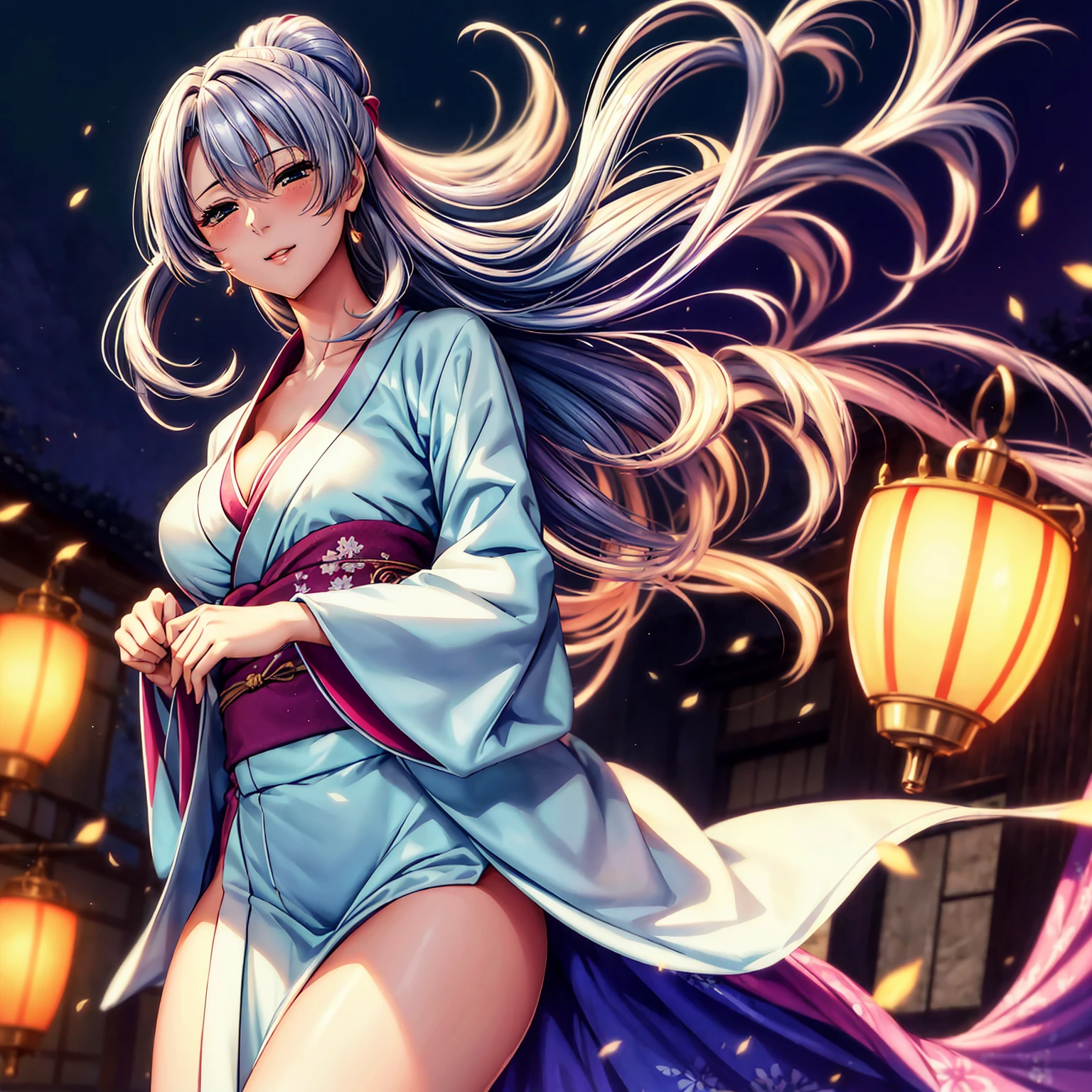 top-quality、masterpiece、very high res、超A high resolution,High resolution details 1.5)、(A woman of perfect and ultimate beauty)(24 years old 1.5)、(Beautiful breasts and figure 1.5)、Beautiful body、美丽的面容、large pink,Farbe々Hairstyles,Wide variety of hairstyles,colorful and beautiful hair color、Japan hair ornament,realistic textured skin,Wearing a beautiful Japanese furisode,Kimono has colors and patterns..,Kimono sleeves and obi are long,Arms outstretched,Exposed shoulders from kimono,I can see the cleavage,Bright smile,Mouth opens,Hair flutters under the influence of the wind,The sleeves and obi of the kimono flutter in the wind.、that is a mysterious place,Fantastic night sky and beautiful full moon,Lantern light,Beautiful Landscapes、(The whole body,thigh visible,accurate anatomy、extremely detailed picture、Accurate images、Perfect Image 1.5)、、beautiful anime woman, Beautiful Art Style, an animated character、The whole picture、Detailed picture、Defect-free images、natural soft light、beautiful image、、(Best Shot 1.2)