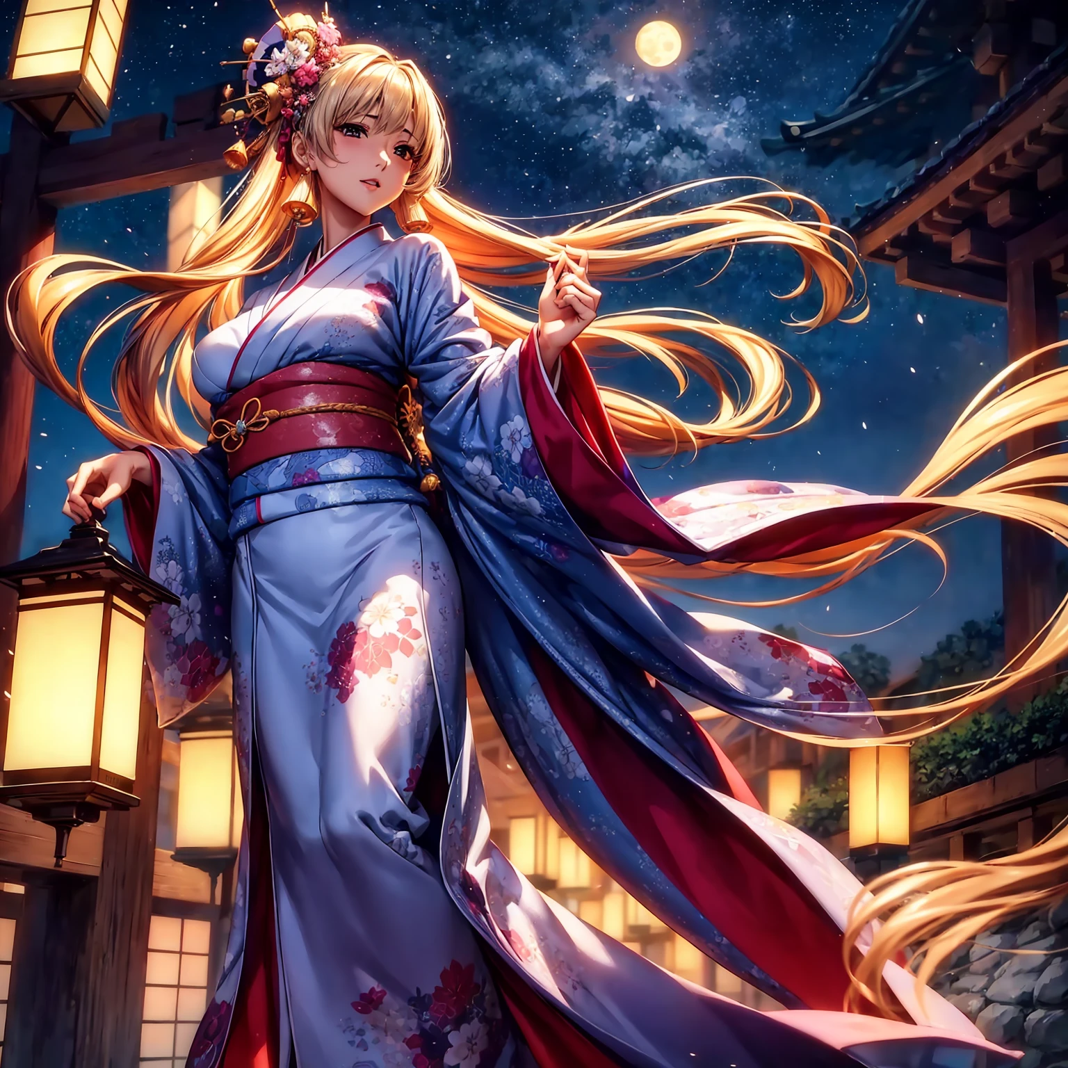 (top-quality、masterpiece、very high res、超A high resolution,High resolution details 1.5)、A woman of perfect and ultimate beauty(24 years old 1.5)、(Beautiful breasts and body shape 1.5)、Beautiful body、美丽的面容、large pink,Long hair,Beautiful hair、Japan hair ornament,realistic textured skin,Wearing a beautiful Japanese long kimono,Kimono has colors and patterns.,Kimono sleeves and obi are long,Arms outstretched,Exposed shoulders from kimono,I can see the cleavage,Bright smile,Mouth opens,Hair flutters under the influence of the wind,The sleeves and obi of a kimono flap due to the wind.,that is a mysterious place,Fantastic night sky and beautiful full moon,Lantern light,Beautiful Landscapes、(The whole body,thigh visible,accurate anatomy、extremely detailed picture、Accurate images、Perfect Image 1.5)、、beautiful anime woman, Beautiful Art Style, an animated character、The whole picture、Detailed picture、Defect-free images、natural soft light、beautiful image、、(Best Shot 1.2)