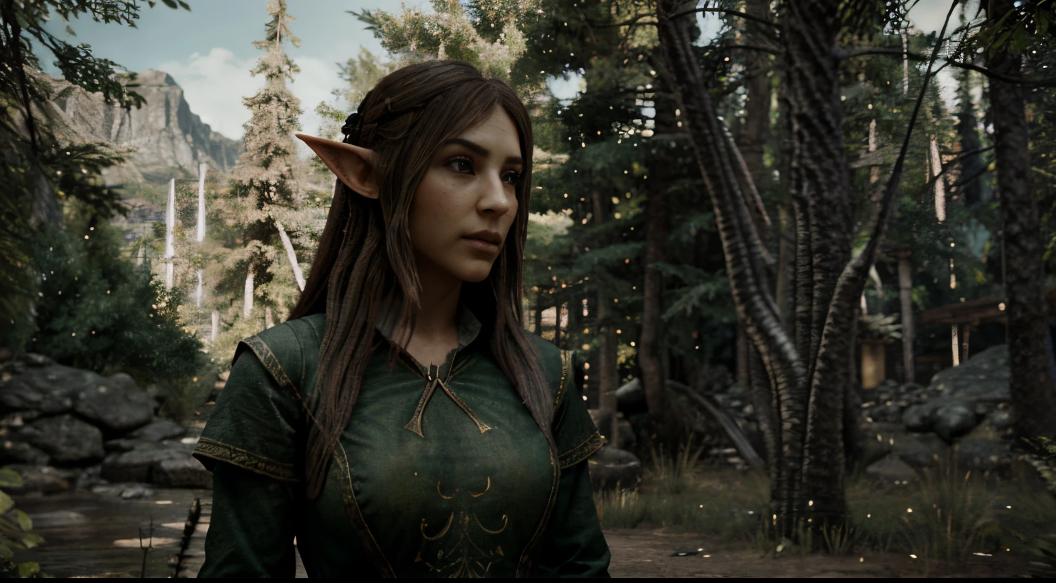 Girl magician Skyrim in the forest elf Skyrim art 3D realistically detailed in full growth