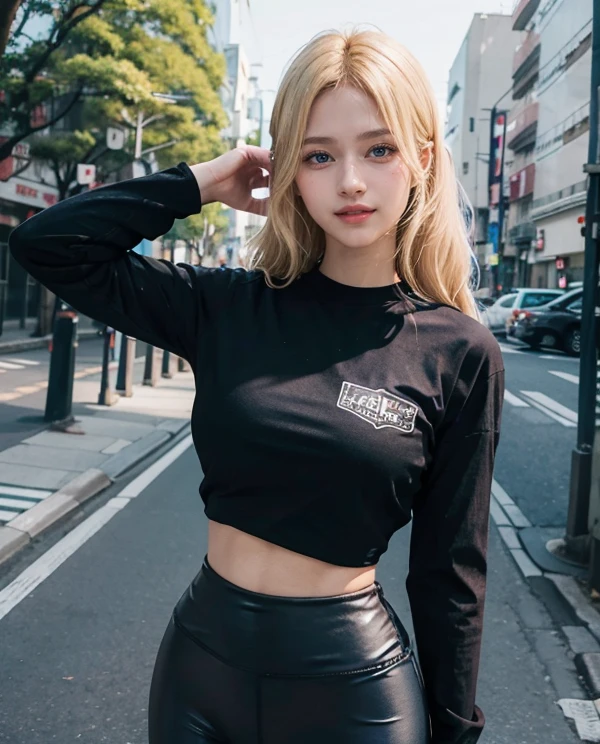 1girl in, Blue eyes, (Smiling), (In the name of Minaj), wide hips, huge tit, great asset quality, 8K, masutepiece: 1.Elfect Hand, Clear focus: 1.2, Perfect Body Beauty: 1.4 , Slender Abs: 1.2, Highly detailed face and skin texture, Detailed eyes, double eyelids blonde long hair), (Blue long sleeve T-shirt :1.2), (black cotton leggings :1.3), Standing, Dynamic Pose, In a residential area in Tokyo, Deep in the field
