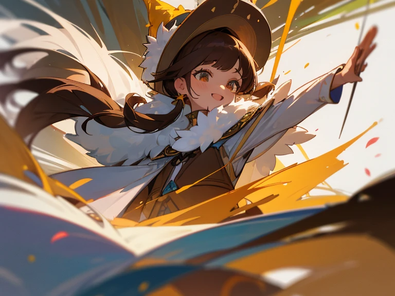 1girl, kalap, Luemas, cabelos longos, sozinho, fundo abstrato cativante cores vida floresta, fur hat, sorrir, brown hair, Olhando para o Viewer, olhos amarelos, fundo simples, fur trim, boca aberta, casaco, corar, roupas de inemerno, pigtail, Aemental branco, em, mangas compridas, franja, franja emarrida, dente