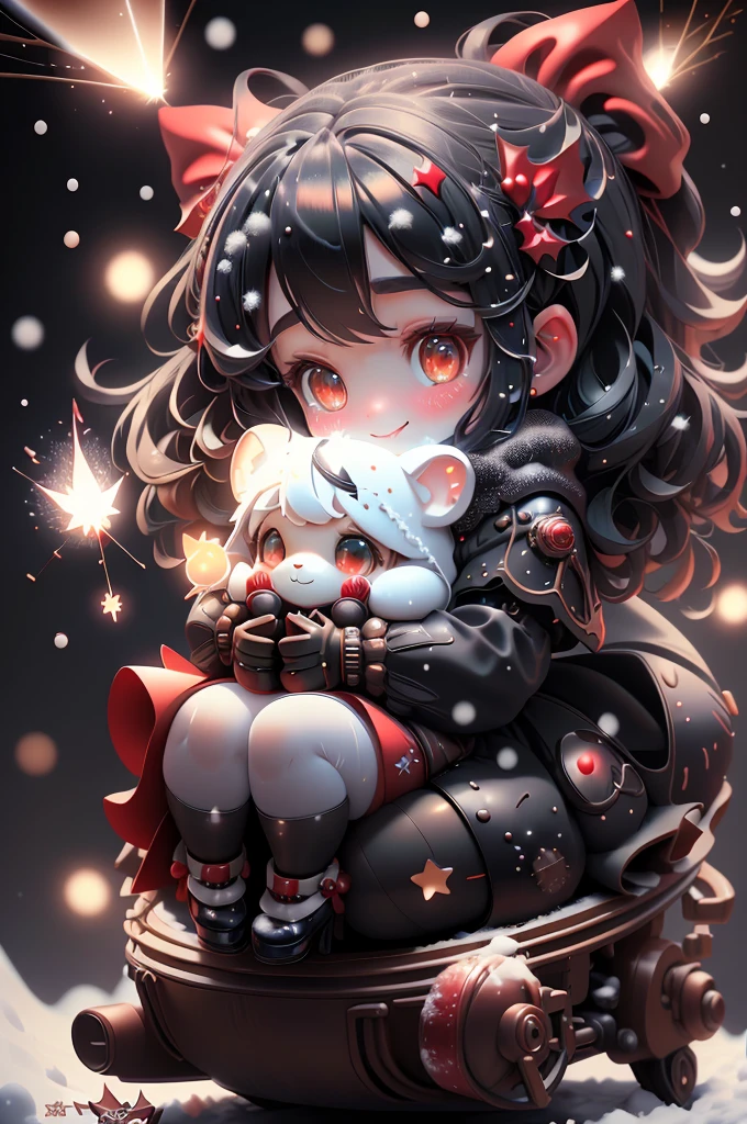 amasterpiece, best quality, 8k, cinematic light, ultra high res, chibi, cute girl smiling sitting on a sleigh, black hair, christmas steampunk dress, christmas hair ribbons, white pantyhose, red pumps, magical night, winter night, magical sparks floating, falling snow, dark shadows, ((dark fantasy)),