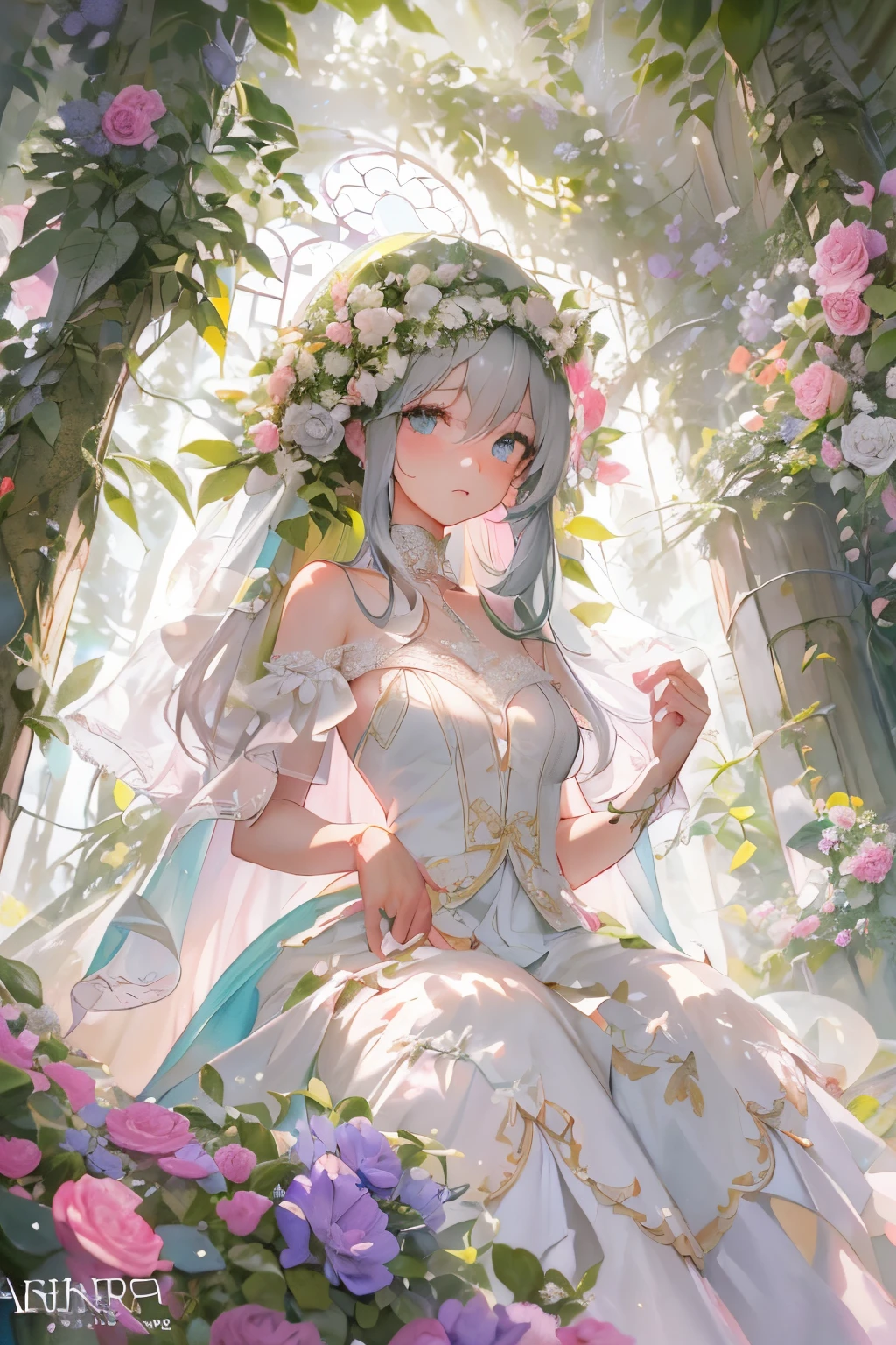 (shot from head to toe, Artistic angle: 1.6)、Portrait of the bride, With layers of A-line ruffles and delicate floral and pattern embroidery.The Hobbit Wedding. Chapel in the forest. The tree々The sun shining in from between illuminates the bride、Creates a magical atmosphere. put a veil on your head、Hobbit bride faints with a very beautiful expression on her face..effect///Fluffy pastel colors.fine brushes, Rough, detailed watercolour, soft and fantastic, pastel, Fluffy, (extremely fine and beautiful), (Perfect Detail)、(pastel color),Soft texture:1.2.(masutepiece, Best Quality), (finely detailed beautiful eye), (finely detailed eyes and detailed face),The tones are also visibly luminous.Pale blurred contours,Unobtrusive lighting, moody atmosphere,subtle highlights