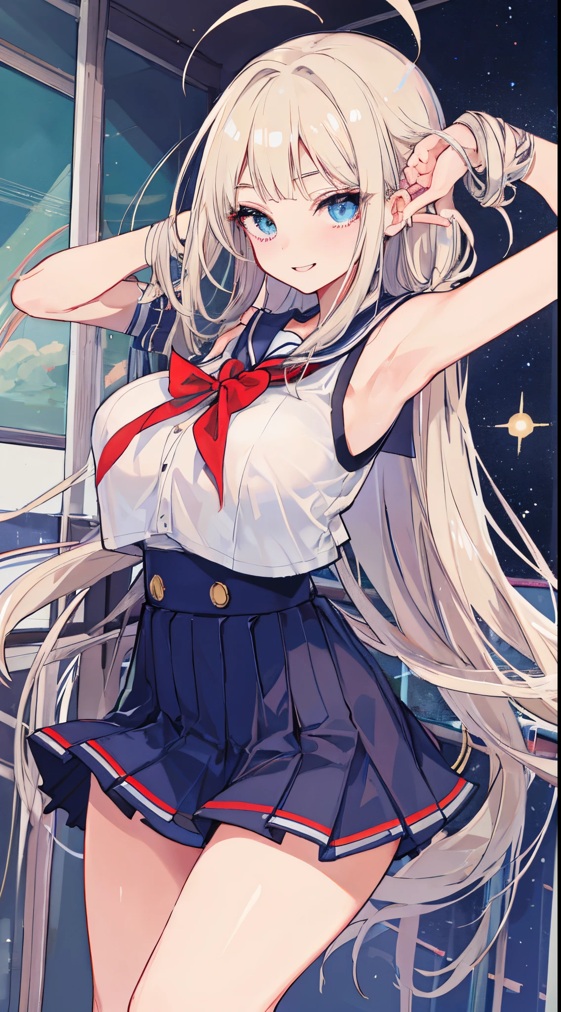 top-quality、realistic touch,high-detail、photoRealstic、Long body、captive beauty、big eye、Colossal tits、Strong platinum blonde eyelashes、platinum-blond、full body Esbian、Sparkling eyes、Submissive smile、Flushed cheeks、Kamimei、thin-waist、Voluptuous thighs、Enraptured look、Raked bangs、The forehead is protruding、Tight sailor uniform、sleeveless、Tight and short skirt with a large slit、Inside a school classroom、She isn't not wearing panties、High-waisted skirt