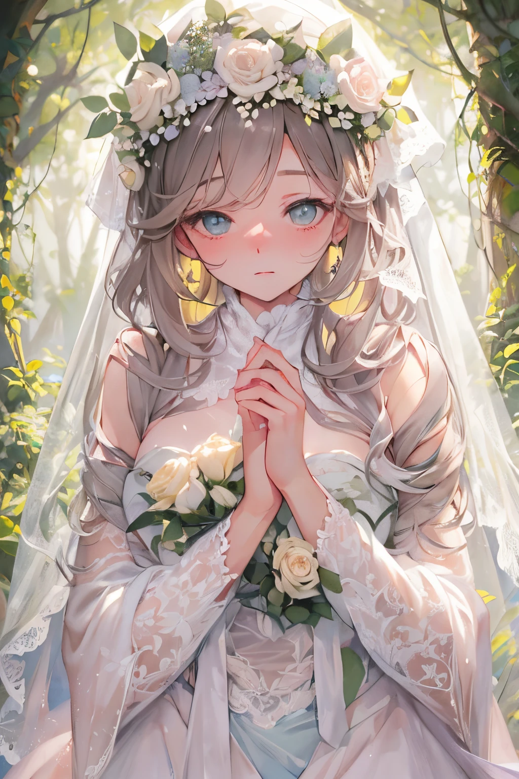 (shot from head to toe, Artistic angle: 1.6)、Portrait of the bride, With layers of A-line ruffles and delicate floral and pattern embroidery.The Hobbit Wedding. Chapel in the forest. The tree々The sun shining in from between illuminates the bride、Creates a magical atmosphere. put a veil on your head、Hobbit bride faints with a very beautiful expression on her face..effect///Fluffy pastel colors.fine brushes, Rough, detailed watercolour, soft and fantastic, pastel, Fluffy, (extremely fine and beautiful), (Perfect Detail)、(pastel color),Soft texture:1.2.(masutepiece, Best Quality), (finely detailed beautiful eye), (finely detailed eyes and detailed face),The tones are also visibly luminous.Pale blurred contours,Unobtrusive lighting, moody atmosphere,subtle highlights