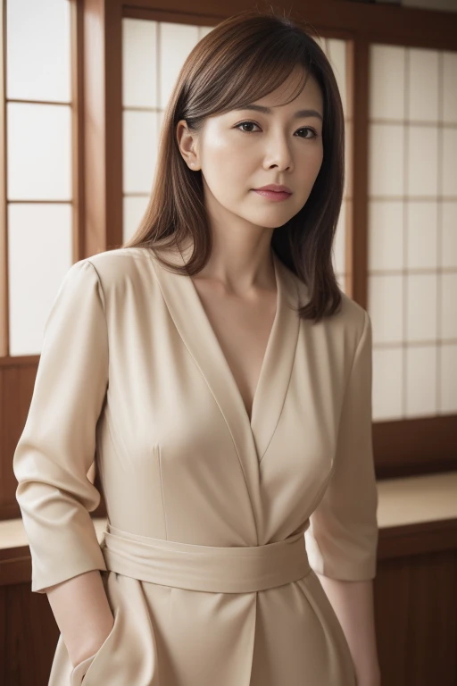 masuter piece, top-quality, masterpiece, hight resolution, Photorealsitic, Raw photography, 8k wallpaper, flawless, profetional lighting, ighly detailed, depth of fields,Pale solid color background, ((Japanese mature woman in her 60s)), chubby figure, Female sexy, Detailed face, beautidful eyes, bangss, large full breasts, Light brown straight hair that reaches down to shoulders, Faint lips, ((Stand facing the center of the screen, Staring at the viewer, Serious face)),Business Wear, Feet out of frame, Looking at Viewer, cowboy shot