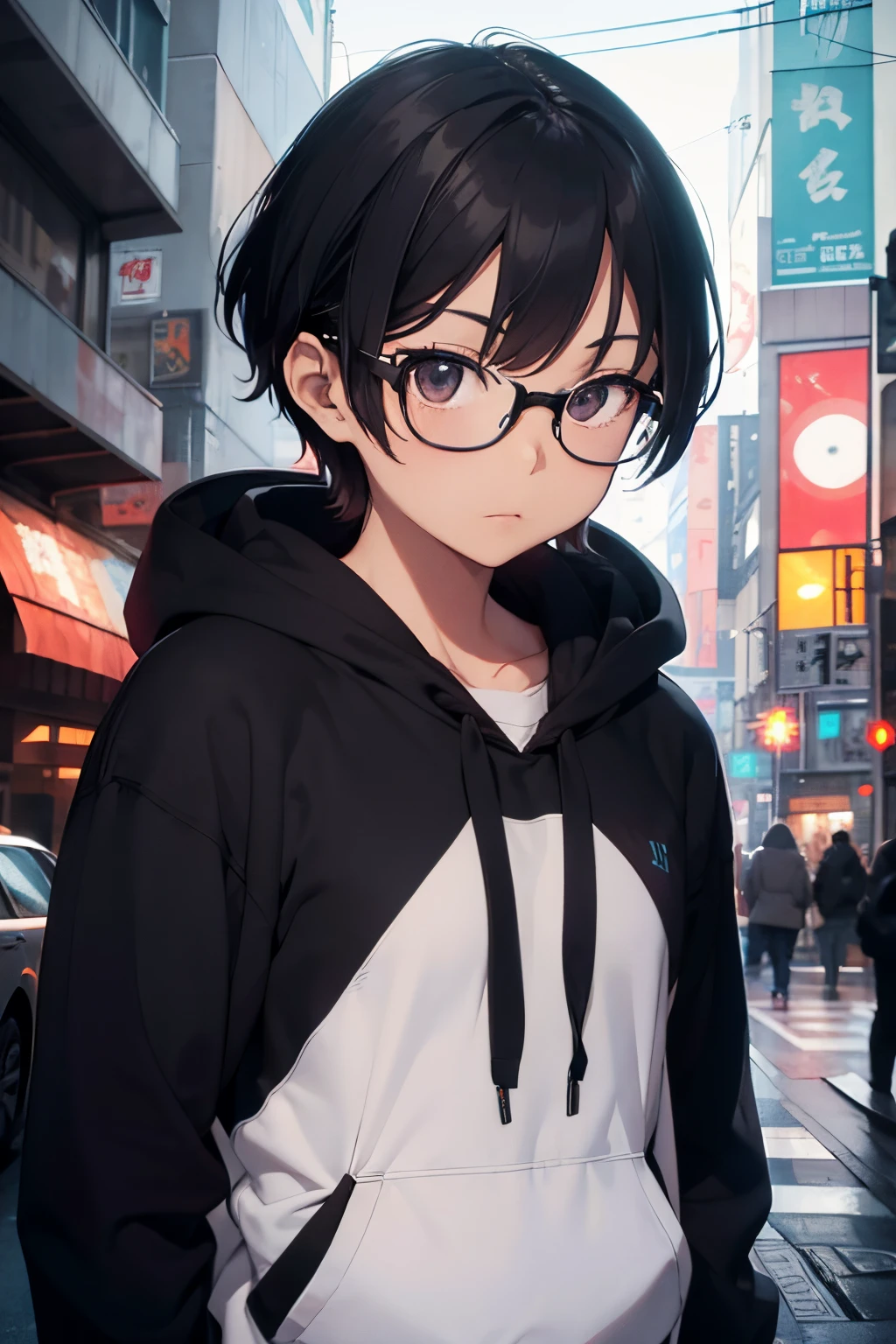（（ handsome boy uses a DSLR camera to take pictures：1.2）），frontage，Wear a black hoodie ，sony camera，Japanese cartoon style，Wearing glasses，short detailed hair，Masterpiece, Change background cyberpunk，with camera in right hand