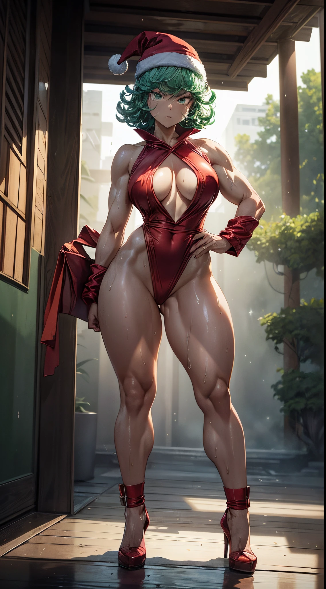 (((1 girl))), wearing the Santa hat, (Tatsumaki of a punch man), (short green hair), (green eyes), small chest, (((wearing sexy red Santa Claus outfit with comes out very short))), (((full body view))), (in the city of Tokyo Japan at night with starry sky and full moon in the sky), (((beautiful and muscular legs all wet))), thin waist , muscles in the abdomen, big ass, (((full body photo))), red high heel shoes, (facing me with her hands on her hips in a bad mood ), (((grumpy))), ( HDR), eye flare, extended eyes, extended eyes, Moody, anime, minimalism, anime style, ray tracing, Cinematic lighting, Cinematic lighting, shine, shine, JPEG artifacts, bright light, god rays, ray tracing, drop shadow, panorama, Sony FE, from Behind, Underneath, Underneath, UHD, piece of master, precise, precise, anatomically correct, Super Detail, high quality, best quality, very high, 16k