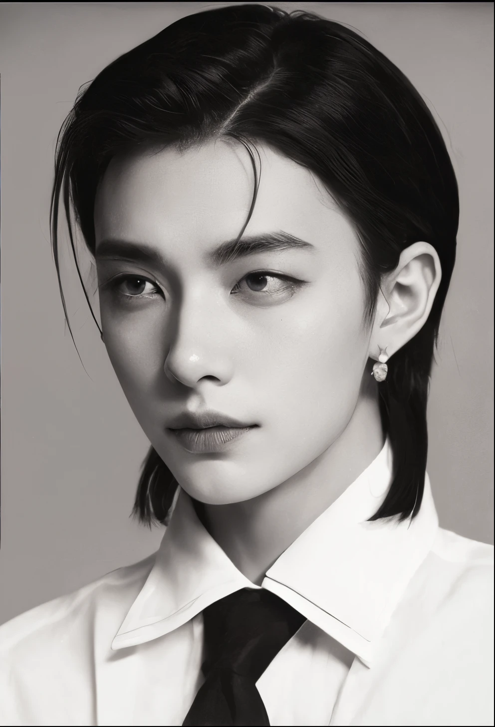 imagem arafada de uma mulher com gravata preta e camisa branca, delicate androgynous prince, Cai Xukun, androgynous face, Beautiful androgynous prince, Jinyoung Canela, androgynous person, androgynous male, attractive androgynous humanoid, Hsiao-Rony, Yan, inspirado em Zhang Han, Jingna Zhang