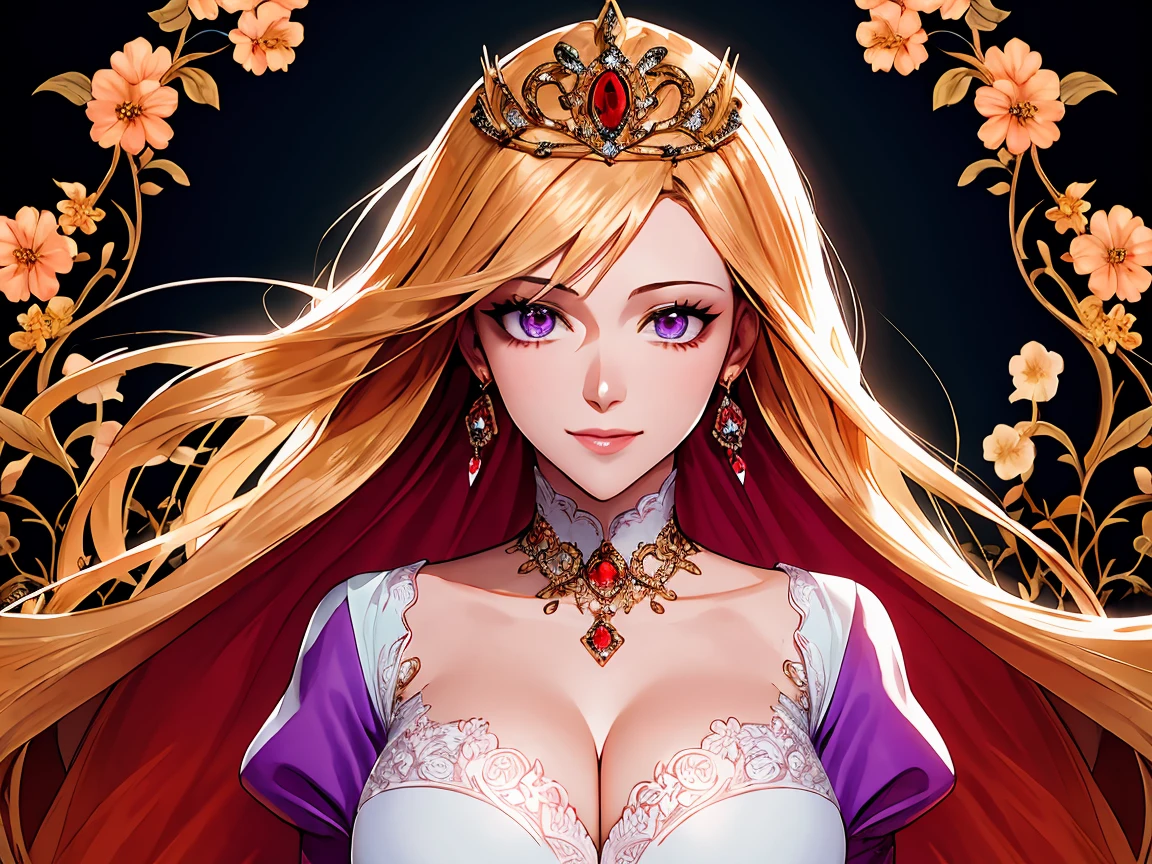 ((shoujo-style)), ((floral background, romance manhwa)), (1girl:1.2), solo, blonde hair, solo, long hair, floating hair, flower, dress, long skirt, thick eyeblows, flower, straight hair, (blaid), smile, closed mouth, collarbone, large breast, (cleavage), puffy sleeves, white dress, purple dress, elbow gloves, earrings, necklace, (tiara), jewelry, golden, lace trimmed, bow, (upper body), wide hips, beautiful face, detailed eyes, pupil, looking at viewer, dynamic cut, dynamic angle