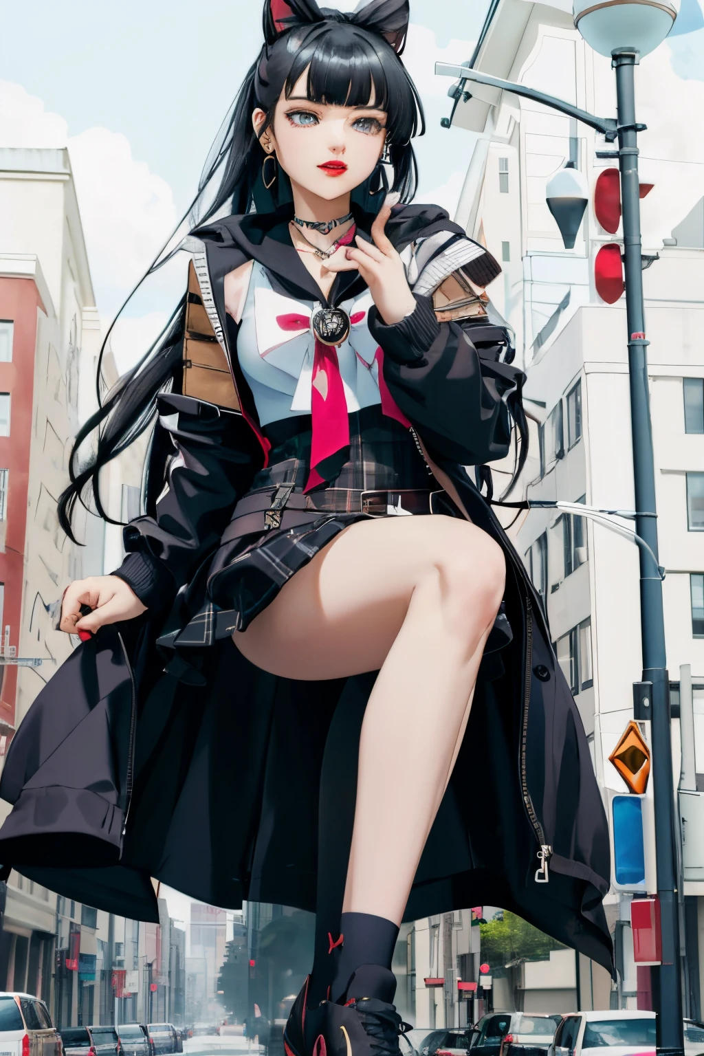 ((best quality)), ((masterpiece)), (detailed), perfect face. tall and smug superheroine. She  very athletic, with long black hair and gray eyes. She  wearing a black cat-themed hooded jacket with a golden earring on the left ear. Underneath the jacket, she has a gray plaid crop sailor dress with a black bow and white lace. She also has white socks with pink and black stripes and black converse sneakers. She has a necklace, dark red lipstick, black eyeshadow.