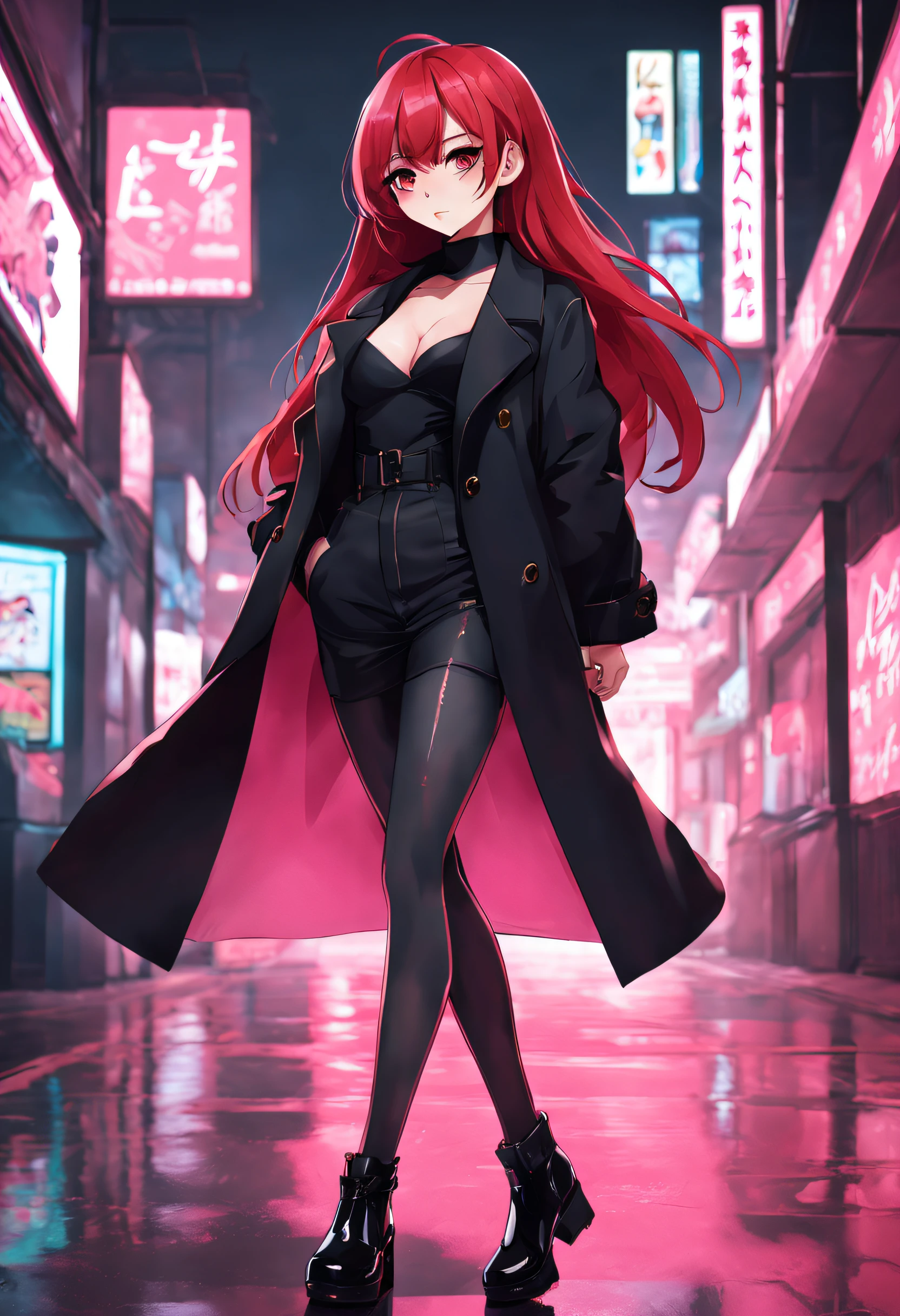 animesque、female pervert, full body Esbian、Medium chest、Wearing a long black coat, Black Skinny、Black shoes、Standing、red hairs, pinkcolor, a sticker, Overall neon style, Cool pose