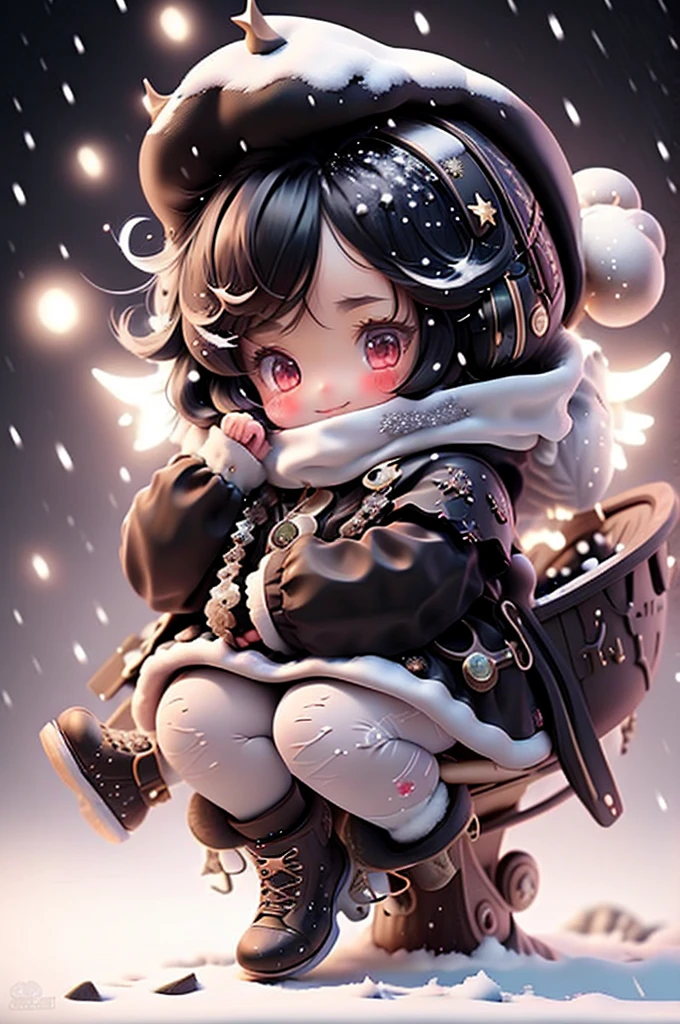 amasterpiece, best quality, 8k, cinematic light, ultra high res, chibi, cute girl smiling sitting on a sleigh, black hair, christmas steampunk dress, christmas hair ribbons, white pantyhose, red pumps, magical night, winter night, magical sparks floating, falling snow, dark shadows, ((dark fantasy)),