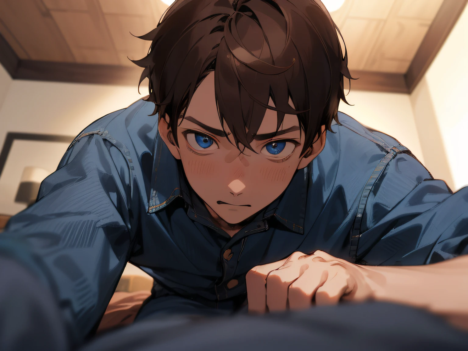 Year's on、elder brother,male people, 30-years old,1 boy、Brown hair,Blue denim shirt,eyes are brown,extreme close - up,Angle from below,perspiring,Impatient expression,Background Hotel,a bed,natta