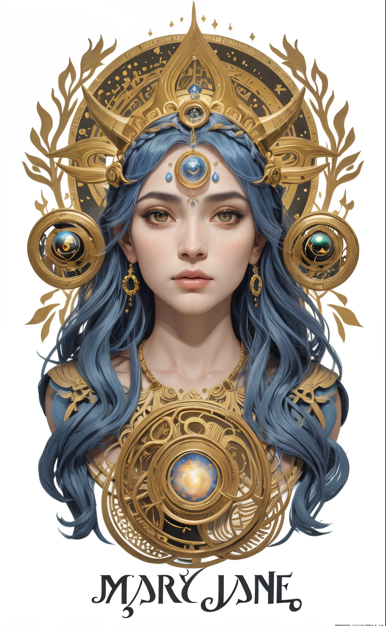 um desenho de uma mulher com cabelo azul e uma coroa, deusa. Detalhes extremamente altos, Retrato da Deusa, portrait of a norse moon goddess, mandala, signos zodiaco, portrait of a cosmic goddess, Um retrato impressionante de uma deusa, Retrato de uma bela deusa, Sacerdotisa, goddess of space and time, arte da deusa, hecate goddess, sacerdotisa, Deusa Celestial