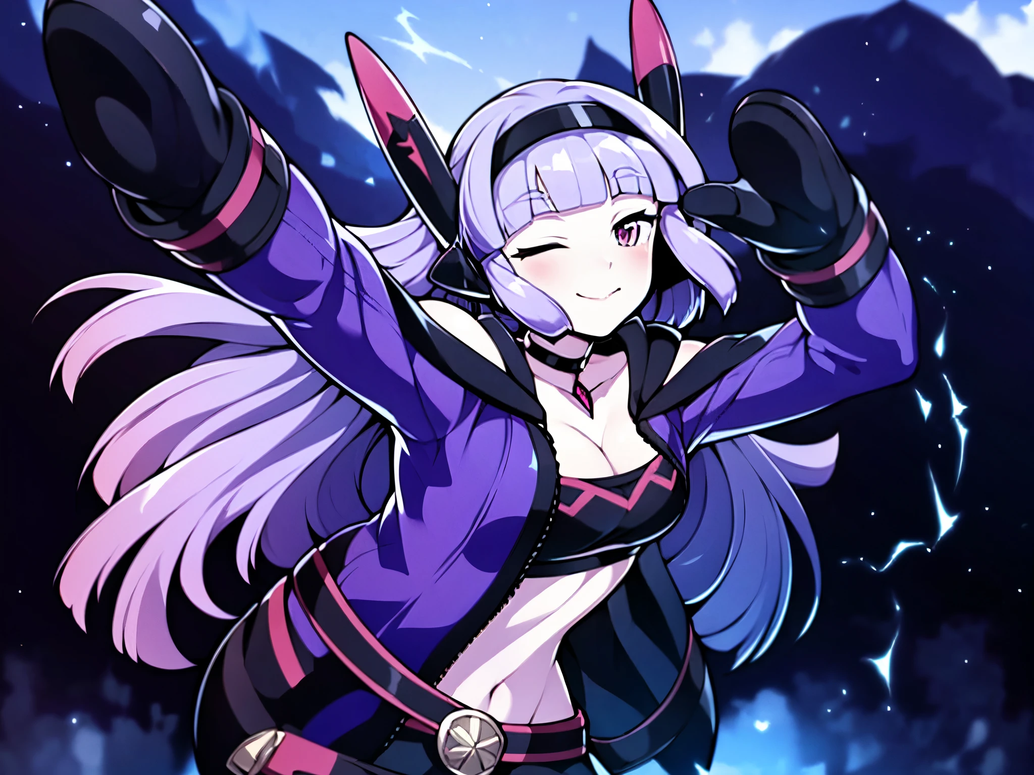 (masterpiece:1.2), (pale skin:1.2), (solo:1.2), (female:1.1), (emphasis lines:1.3), dynamic pose, purple hair, bare shoulders, smile, (winking), navel, (one_eye_closed), (outdoors:1.3), long hair