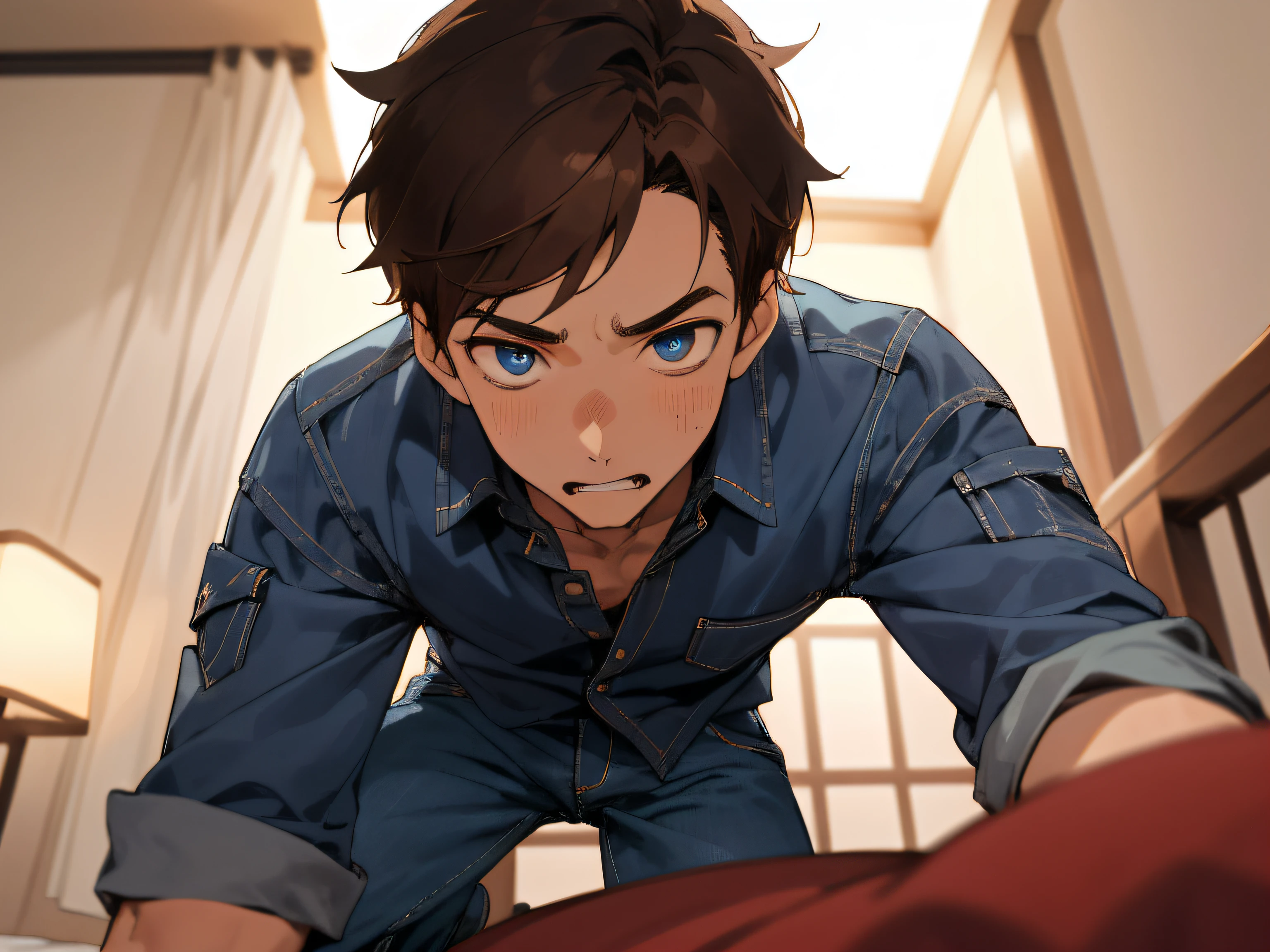 Year's on、elder brother,male people, 30-years old,1 boy、Brown hair,Blue denim shirt,eyes are brown,extreme close - up,Angle from below,perspiring,Impatient expression,Background Hotel,a bed,natta