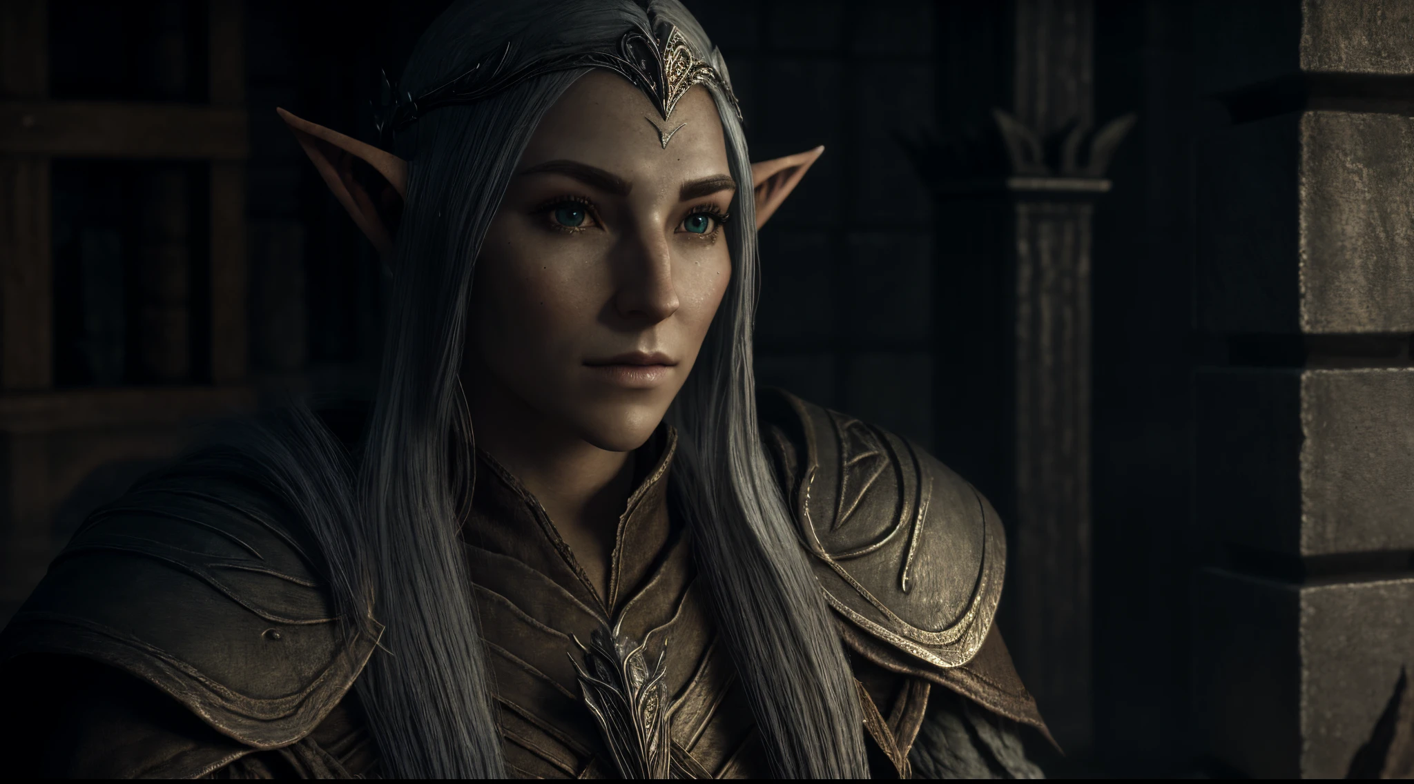 An elf of Skyrim in the robe of a Skyrim mage in the College of Winterhold in a stone castle in full growth close-up art 3D realistically drawn in detail high quality high realism