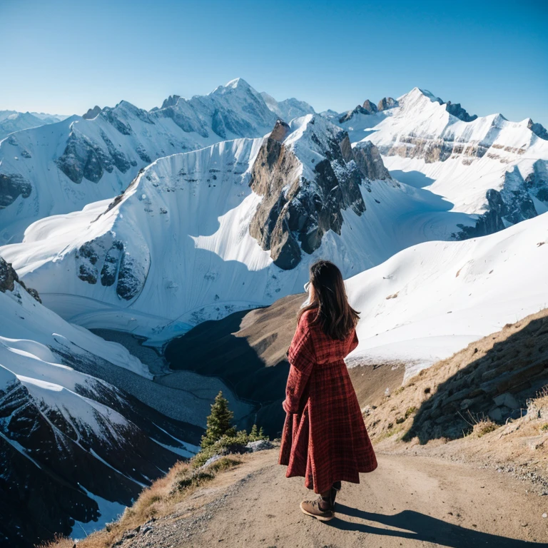 4D caricature of a woman wearing a hijab in a long red dress standing on a mountain background