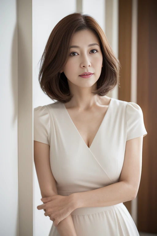 masuter piece, top-quality, ​masterpiece, hight resolution, Photorealsitic, Raw photography, 8k wallpaper, flawless, profetional lighting, ighly detailed, depth of fields,Pale solid color background, ((Japanese mature woman in her 50s)), chubby figure, Female sexy, Detailed face, beautidful eyes, bangss, large full breasts, Light brown straight hair that reaches down to shoulders, Faint lips, ((Stand facing the center of the screen, Staring at the viewer, Serious face)),Business Wear, Feet out of frame, Looking at Viewer, cowboy  shot