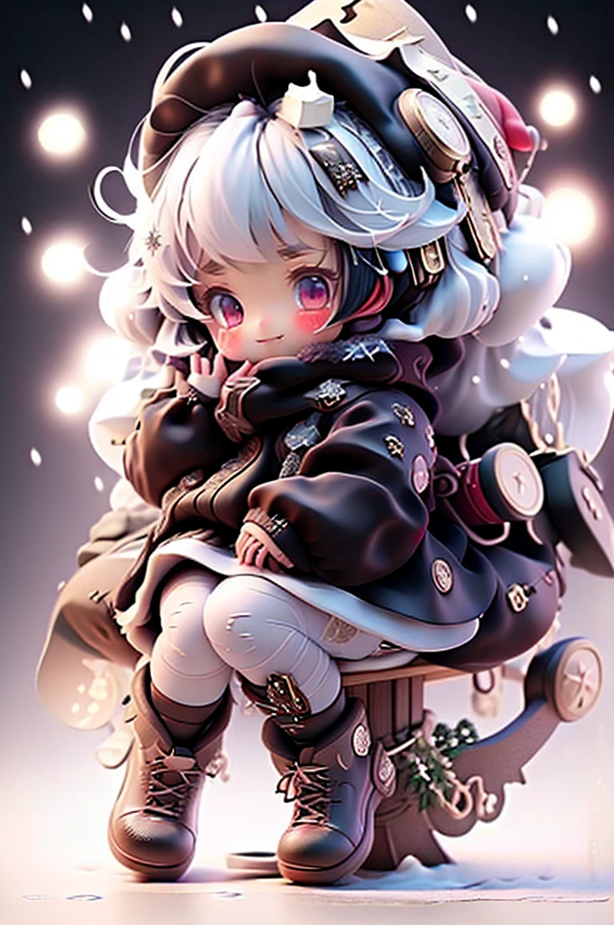 amasterpiece, best quality, 8k, cinematic light, ultra high res, chibi, cute girl smiling sitting on a sleigh, black hair, (big feet), christmas steampunk dress, christmas hair ribbons, white pantyhose, red pumps, magical night, winter night, magical sparks floating, falling snow, dark shadows, ((dark fantasy)),