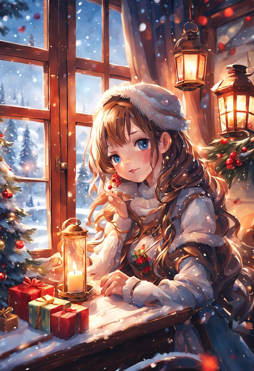 (Numerous award-winning masterpieces, with incredible detail, textures and maximum detail),the best picture quality, Masterpiece,Best Quality, official arts,extremely detailed CG unity 8k wallpaper,Light retro color,RISO Print Style,illustartion, winter, Cute, 1beautiful teenager, 13 years old, European-looking, (face perfect:1.3), blue eyes, glossy brown hair, long dress, long sleeves, ((sits at a table near the windowsill in a compartment in old time style)), ((( looking through the window:1.4))), cozy seats, cushions,Drinks a cup of hot chocolate,festive Christmas season,idillic landscape, piecefull nature scenery, ((candles, small christmas tree, christmas cakes and a lantern on the table)), snowy trees outside and a cottage outside the window, surrounded by magical winter light, all embodying New Year's holiday magic and miracle, magical atmosphere everywhere, a storybook illustration, fantasy art, Christmas decorations ((christmas decoraion everywhere)), Faraway view,view from above