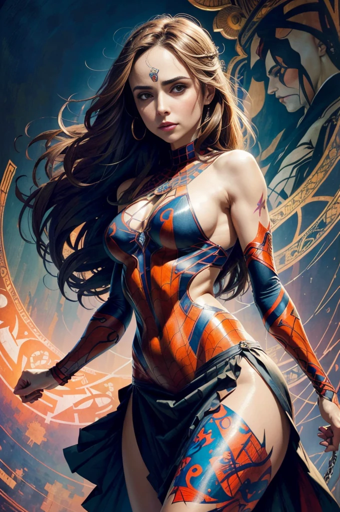 Eliza Dushku、Sticking out the navel、newyork、She wears a torn Spider-Man suit,wearing skirt、abstract photorealistic、artistic、Alphonse Mucha's painting(​masterpiece、top-quality、hight resolution:1.4)、detaileds、intricate-detail、4K、color splashes、line-drawing、Fibonacci、