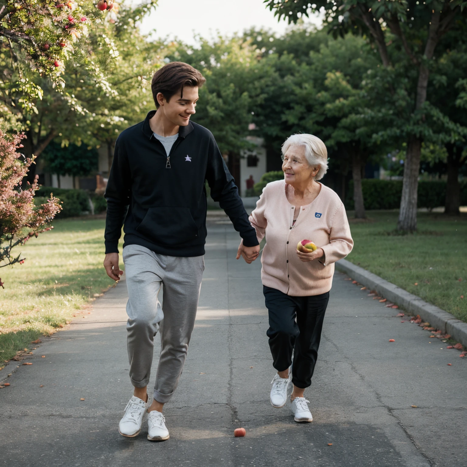 A cute boy running far from his grandma and he is taking a apple in his hand