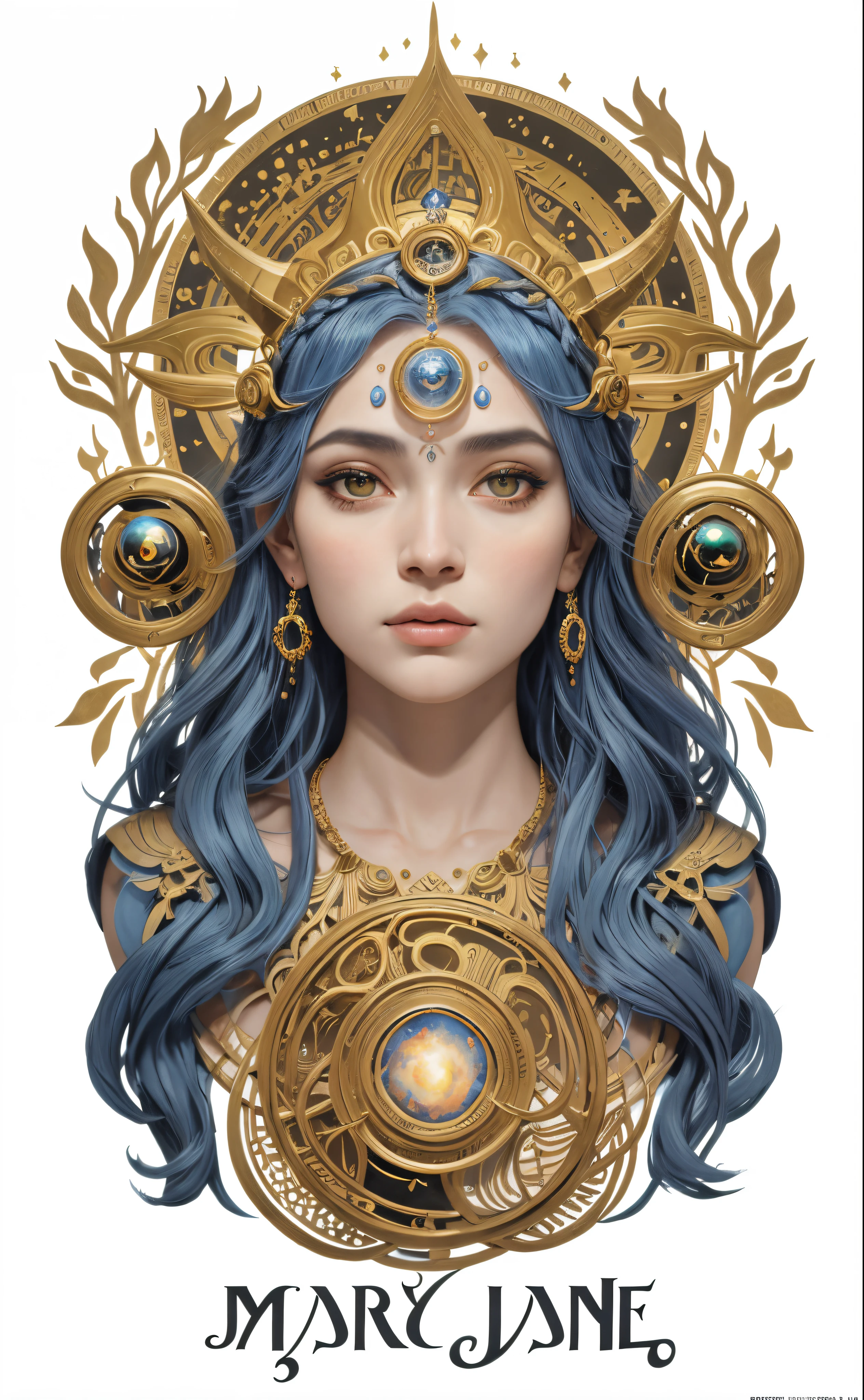 um desenho de uma mulher com cabelo azul e uma coroa, deusa. Detalhes extremamente altos, Retrato da Deusa, portrait of a norse moon goddess, mandala, signos zodiaco, portrait of a cosmic goddess, Um retrato impressionante de uma deusa, Retrato de uma bela deusa, Sacerdotisa, goddess of space and time, arte da deusa, hecate goddess, sacerdotisa, Deusa Celestial