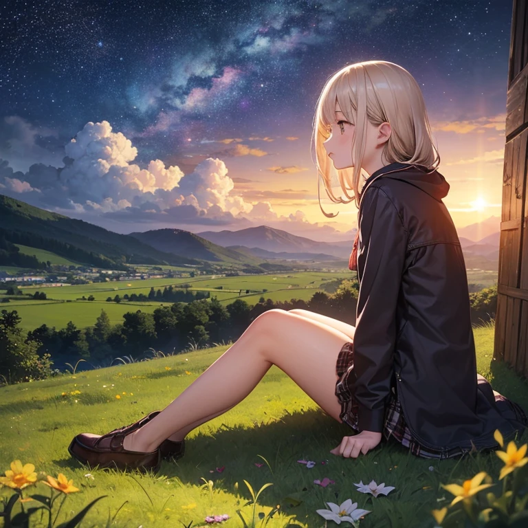 A 25 years of girl sitting on grass, looking at sky, the sky full of stars and galaxy, masterpiece, high resolution